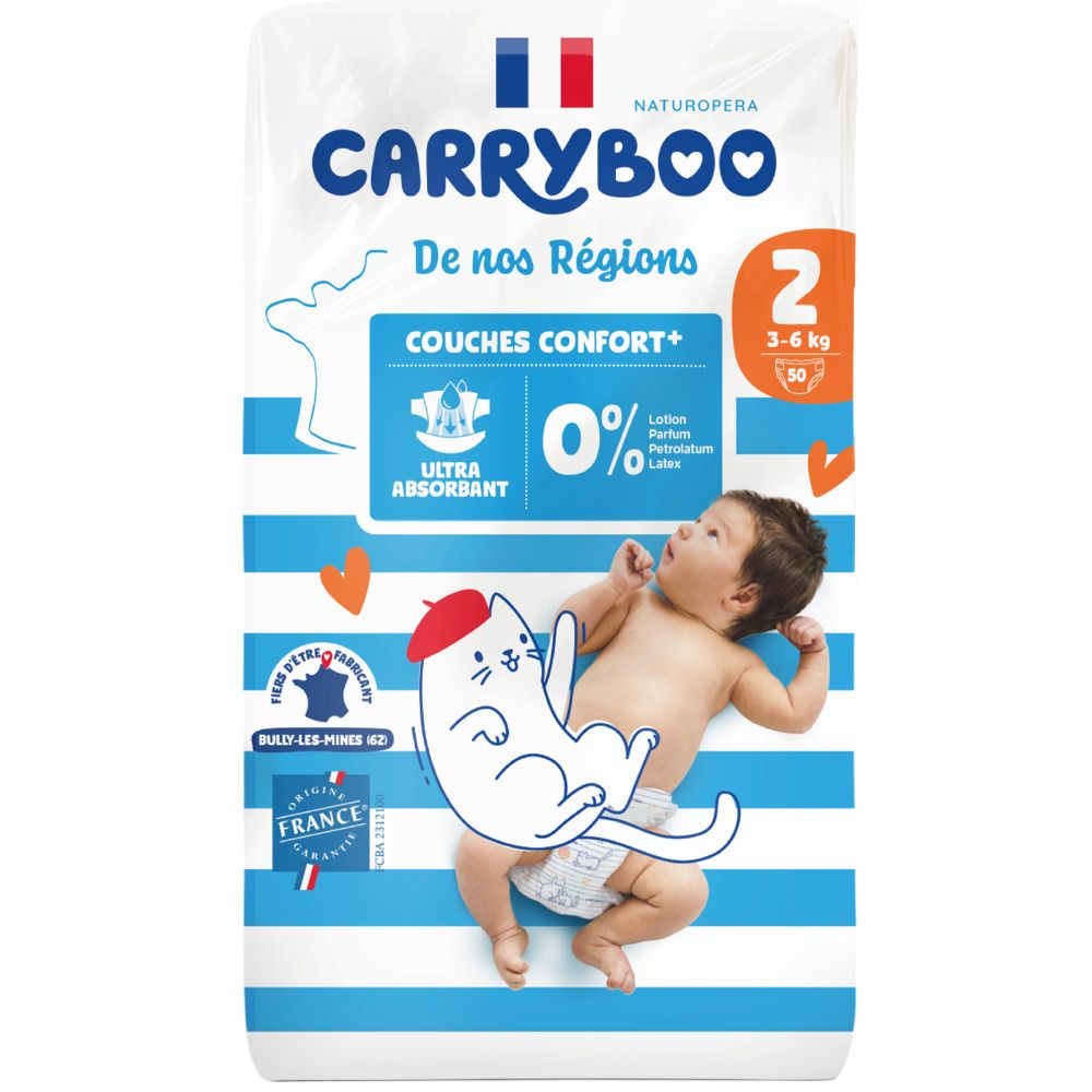 Pack de couches Carryboo taille 2 (3-6 kg) avec technologie ultra-absorbante Confort+, 0% lotion, parfum, latex.