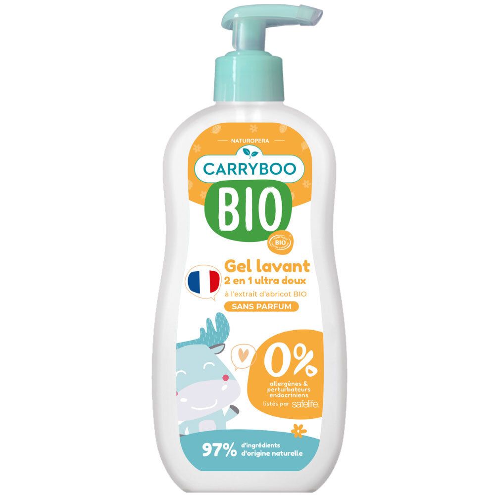 Carryboo Bio Gel Lavant: 2-in-1 ultra zachte wasgel, parfumvrij, 97% natuurlijke ingrediënten.