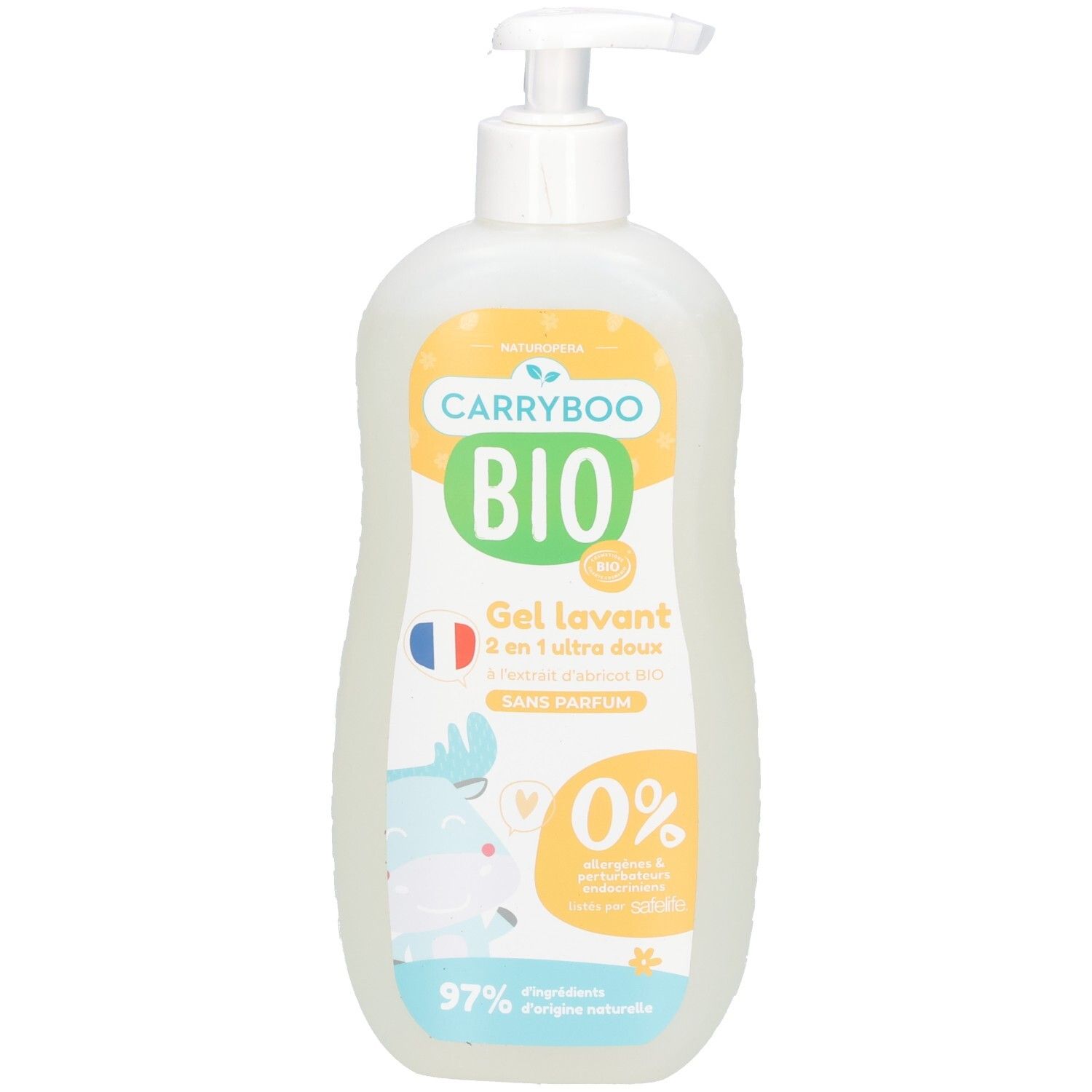 Carryboo Bio Gel Lavant 2-in-1 met pompfles. 97% ingrediënten van natuurlijke oorsprong.