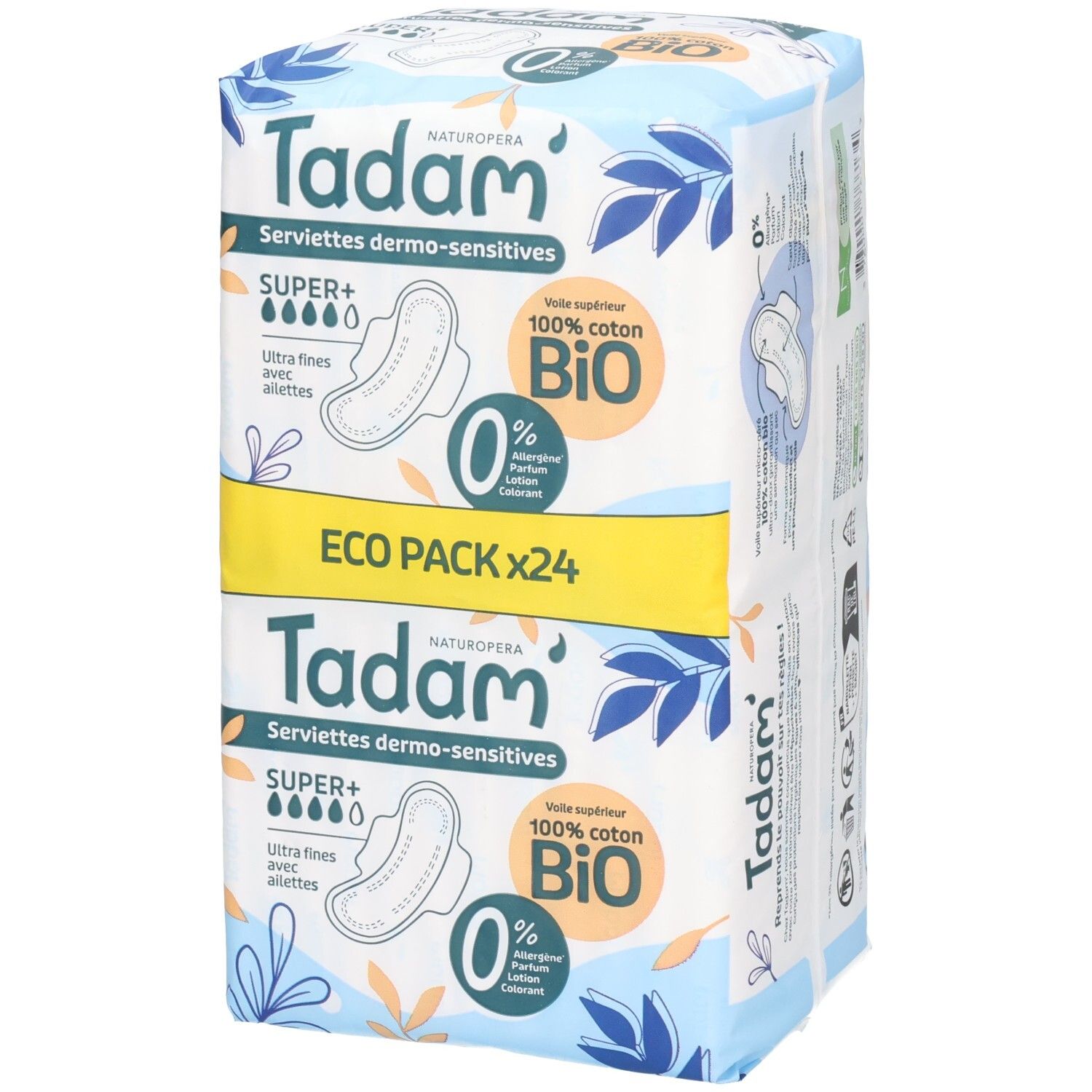 Emballage de Tadam Serviettes Dermo-Sensitives Super+ (24 serviettes). 100% coton bio, ultra fines avec ailettes.