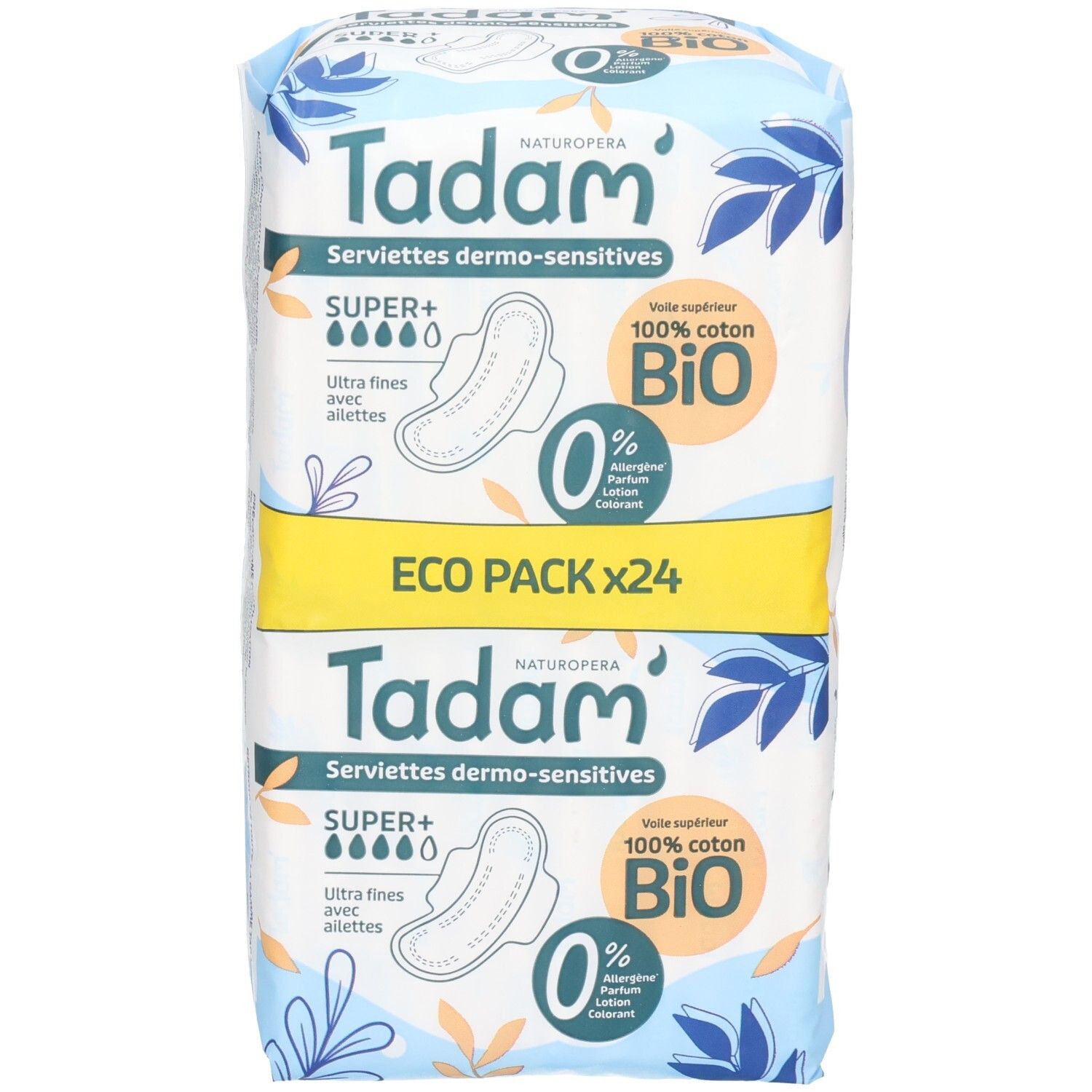 Emballage Tadam Serviettes Dermo-Sensitives Super+ (24 serviettes) de face. 100% coton bio, ultra fines avec ailettes.