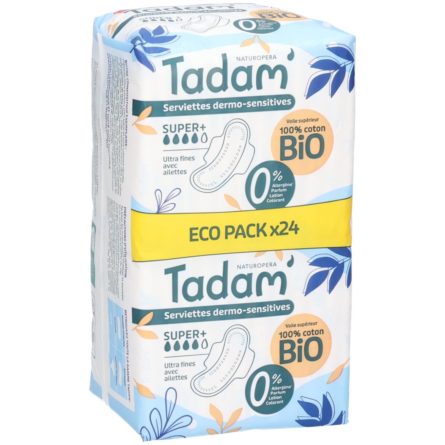 Emballage Tadam Serviettes Dermo-Sensitives Super+ (24 serviettes) de trois quarts avant. 100% coton bio, ultra fines.