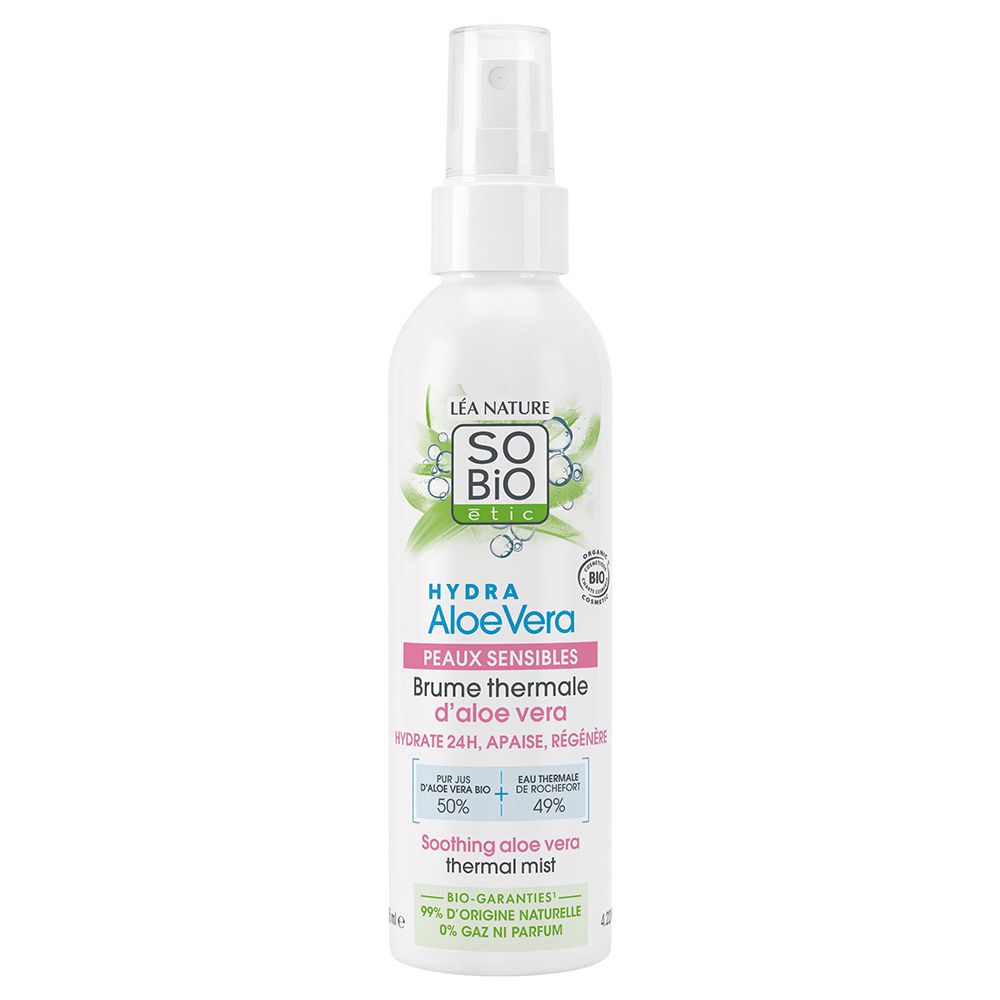 Kalmerende aloë vera thermische mist voor gevoelige huid, 125ml sprayfles.