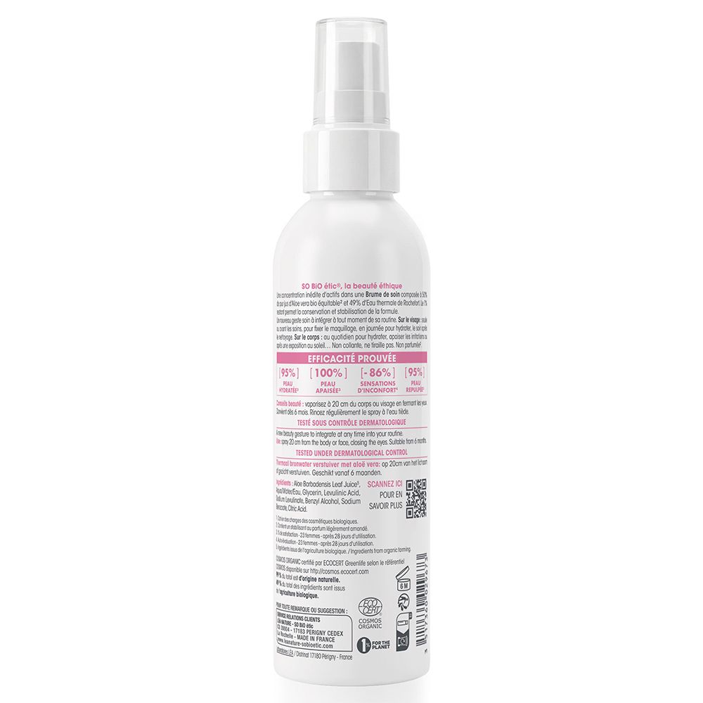 Achterkant van de fles met ingrediënten en gebruiksaanwijzing voor de Aloë Vera Thermische Mist.