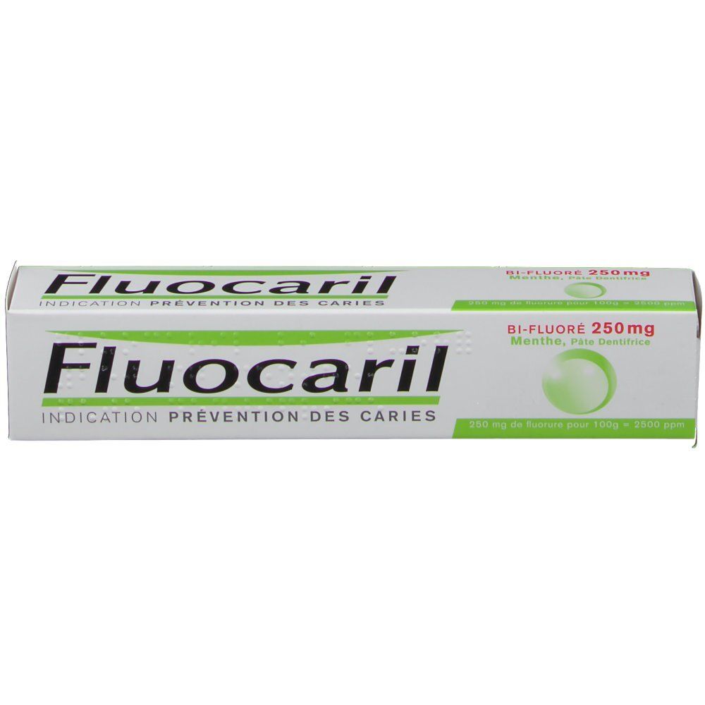Boîte de dentifrice blanche et verte. Inscription Fluocaril, Indication Prévention des Caries. Bi-Fluoré 250mg.