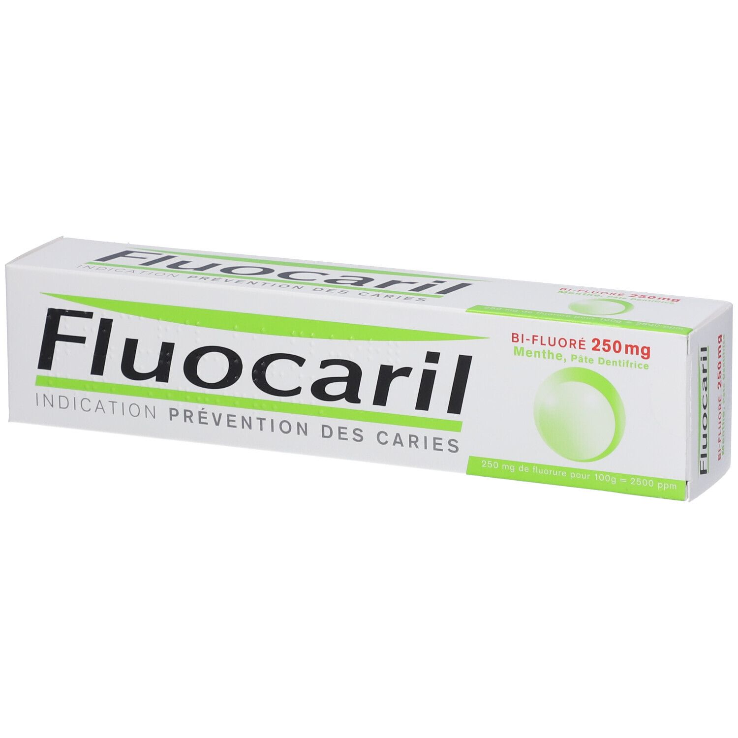 Boîte de dentifrice blanche et verte. Inscription Fluocaril, Indication Prévention des Caries. Bi-Fluoré 250mg.