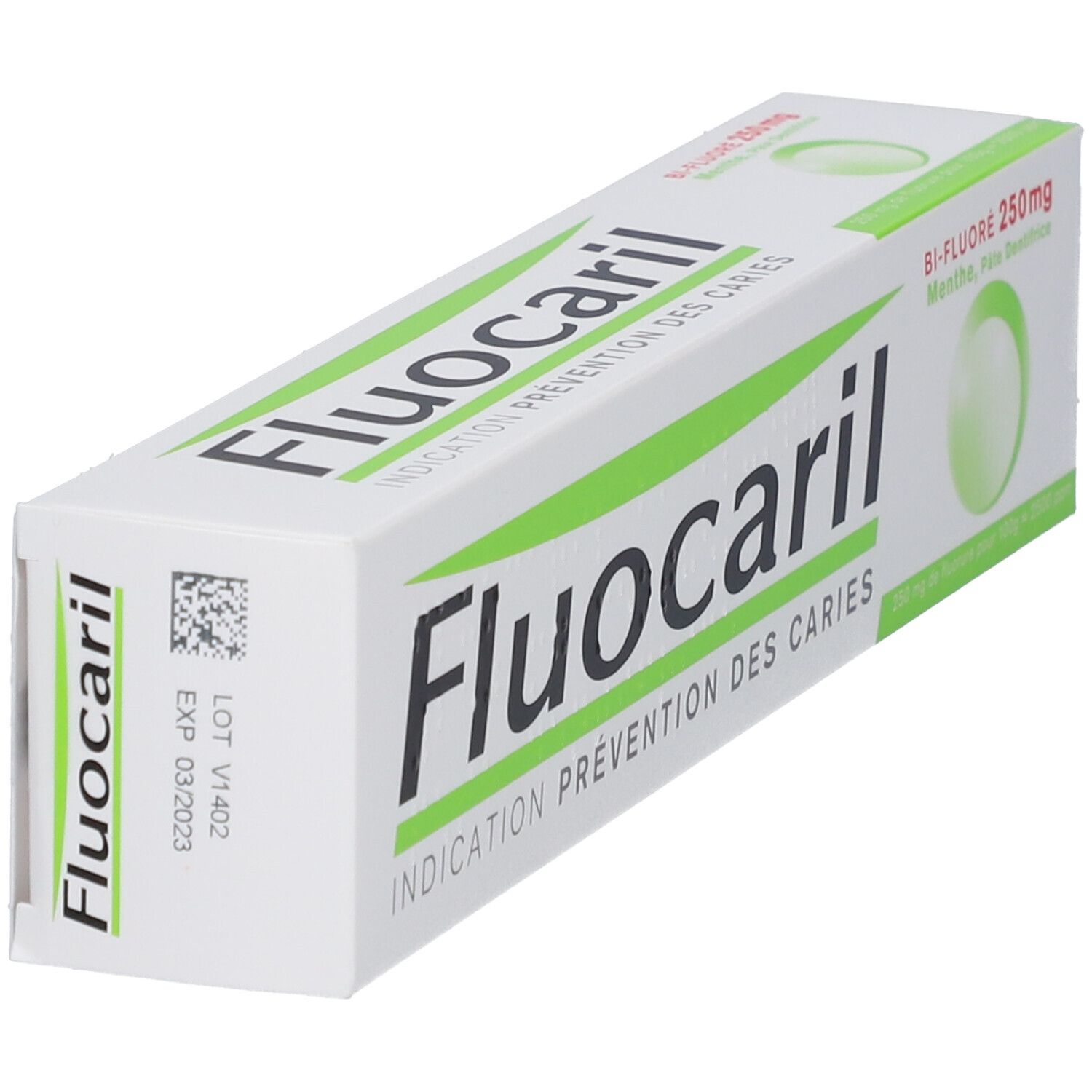 Boîte de dentifrice blanche et verte. Inscription Fluocaril, Indication Prévention des Caries. Bi-Fluoré 250mg.