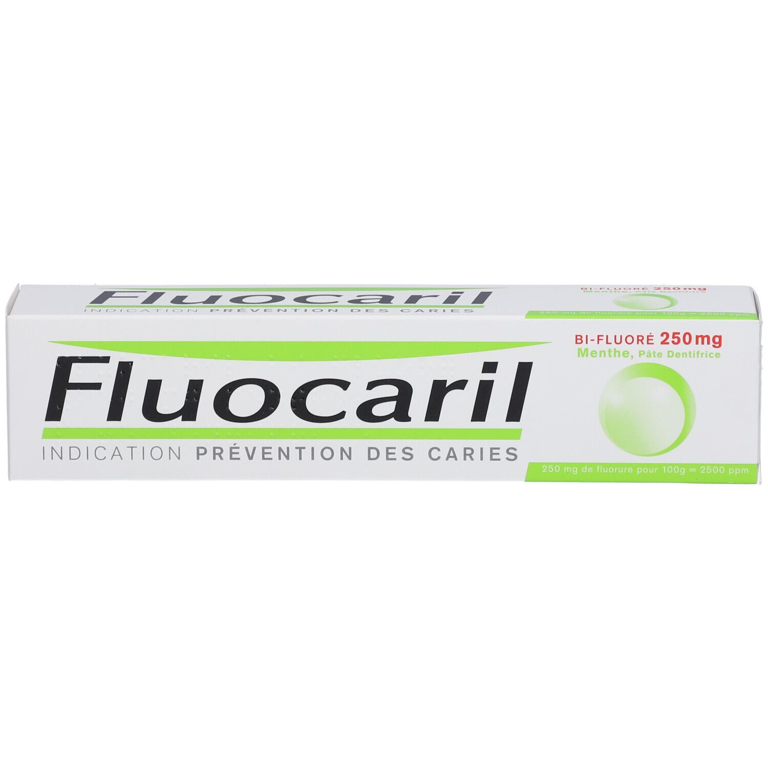 Boîte de dentifrice blanche et verte. Inscription Fluocaril, Indication Prévention des Caries. Bi-Fluoré 250mg.
