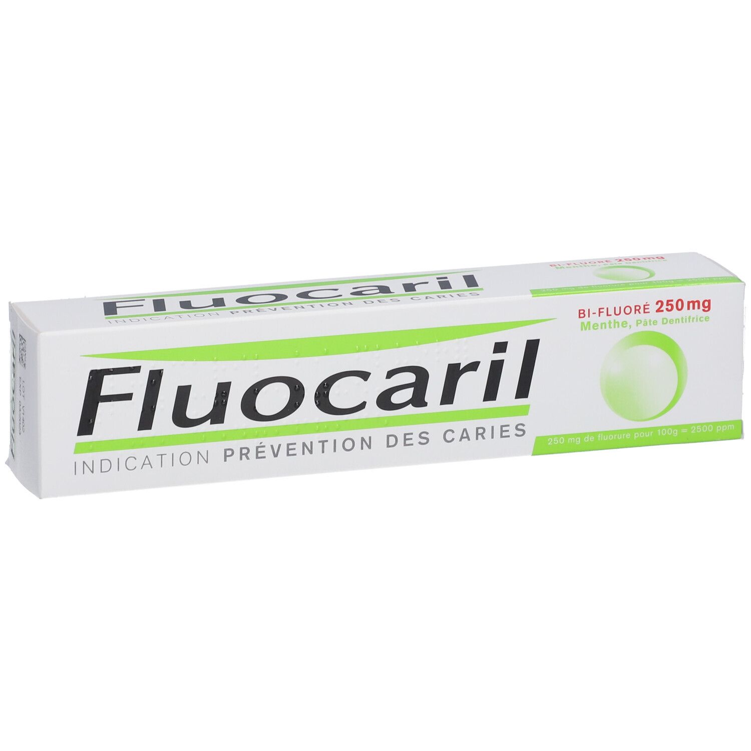 Boîte de dentifrice blanche et verte. Inscription Fluocaril, Indication Prévention des Caries. Bi-Fluoré 250mg.