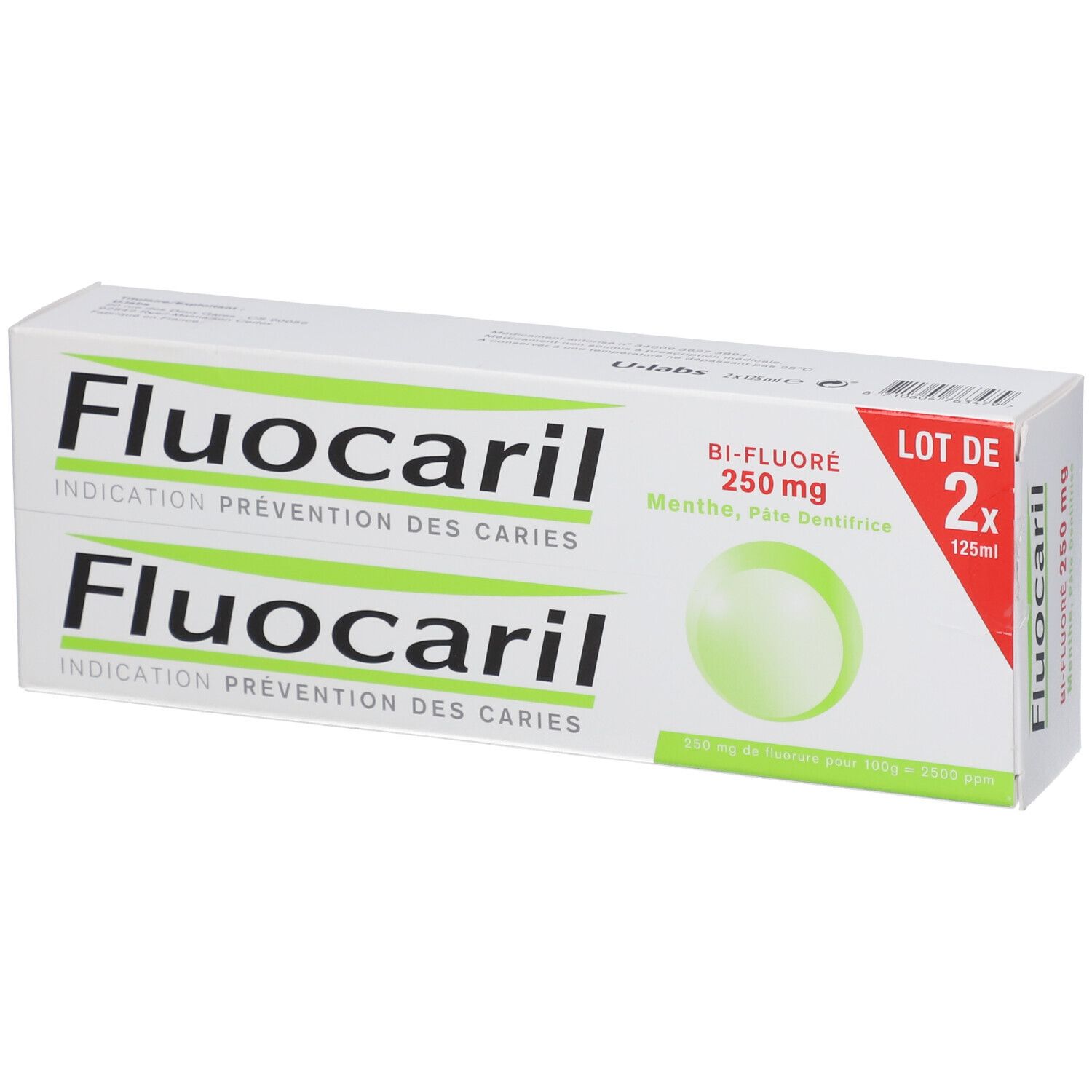 Boîte de Fluocaril BI-Fluoré Menthe 250 mg. Contient deux tubes de dentifrice. Inscription: Indication Prévention des Caries.
