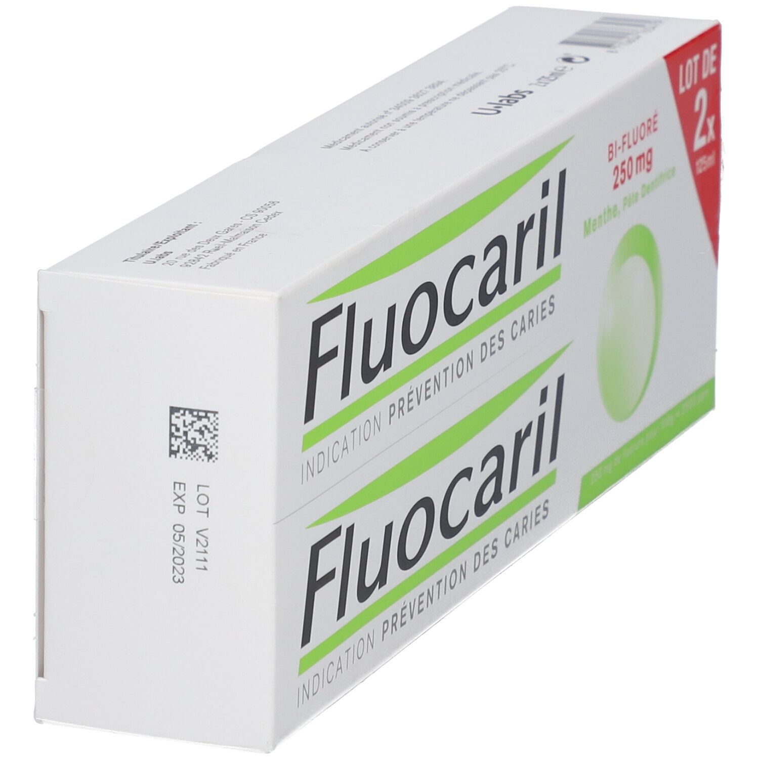Boîte de Fluocaril BI-Fluoré Menthe 250 mg. La boîte montre un coin avec des informations et un code QR.