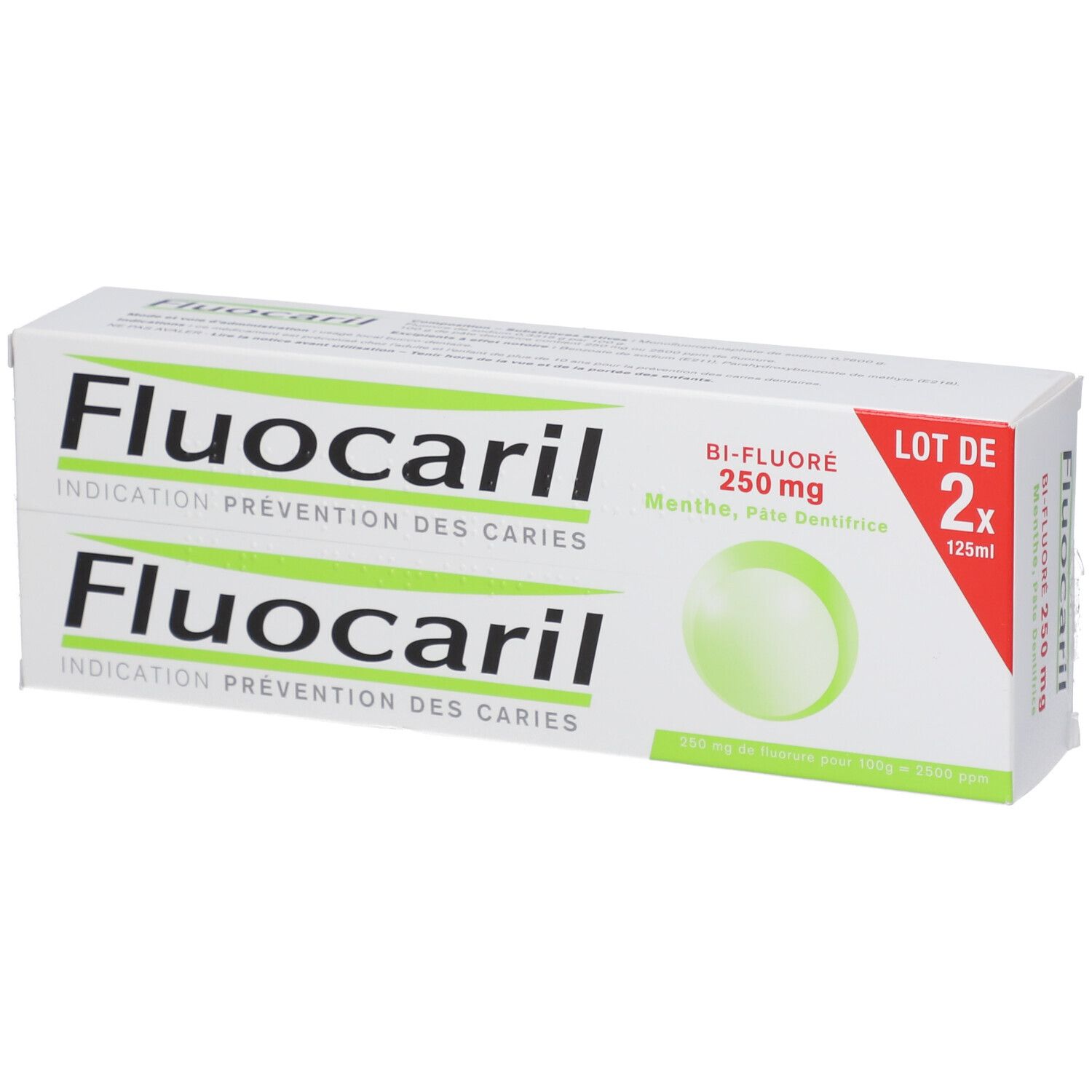 Boîte de Fluocaril BI-Fluoré Menthe 250 mg. Contient deux tubes de dentifrice. Inscription: Indication Prévention des Caries.