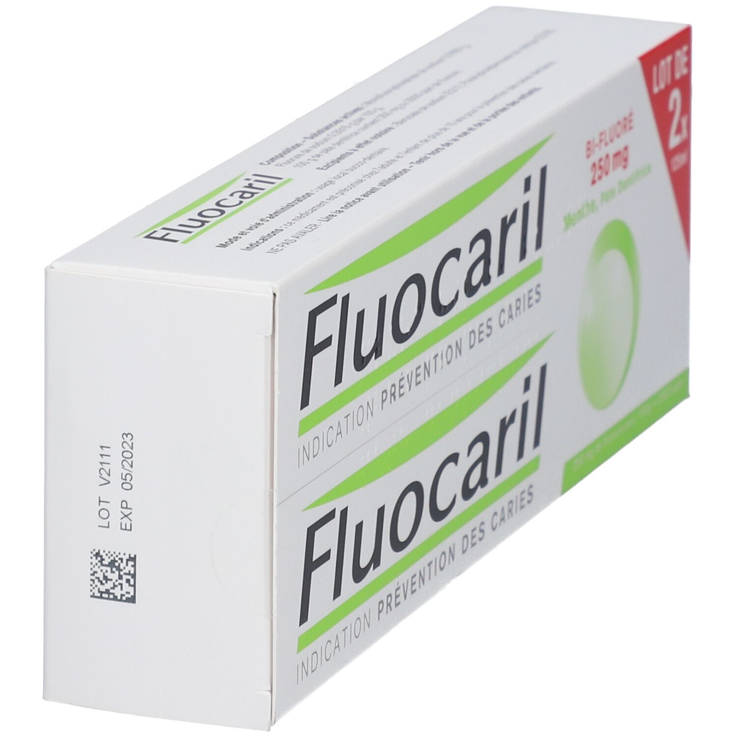 Boîte de Fluocaril BI-Fluoré Menthe 250 mg. La boîte montre un coin avec des informations et un code QR.