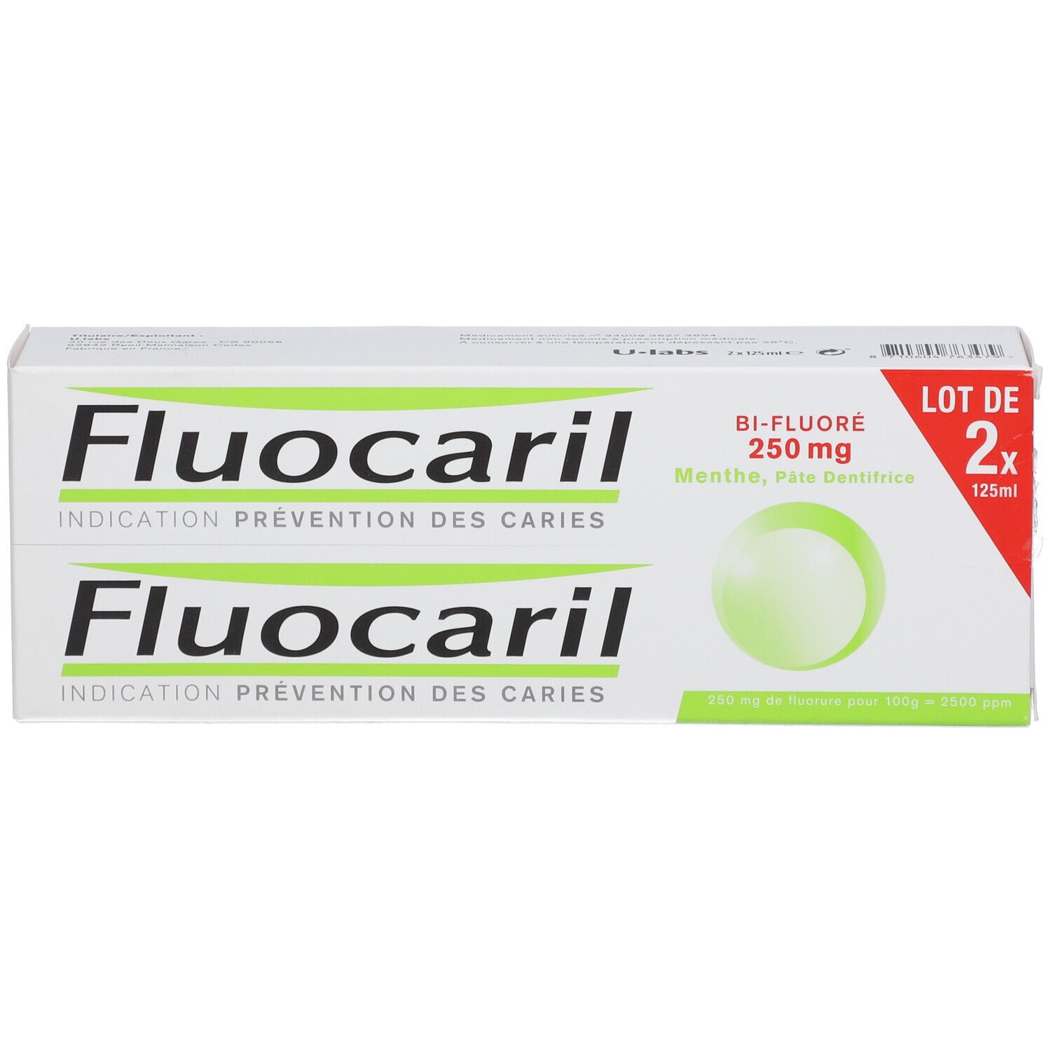 Boîte de Fluocaril BI-Fluoré Menthe 250 mg. Contient deux tubes de dentifrice. Inscription: Indication Prévention des Caries.