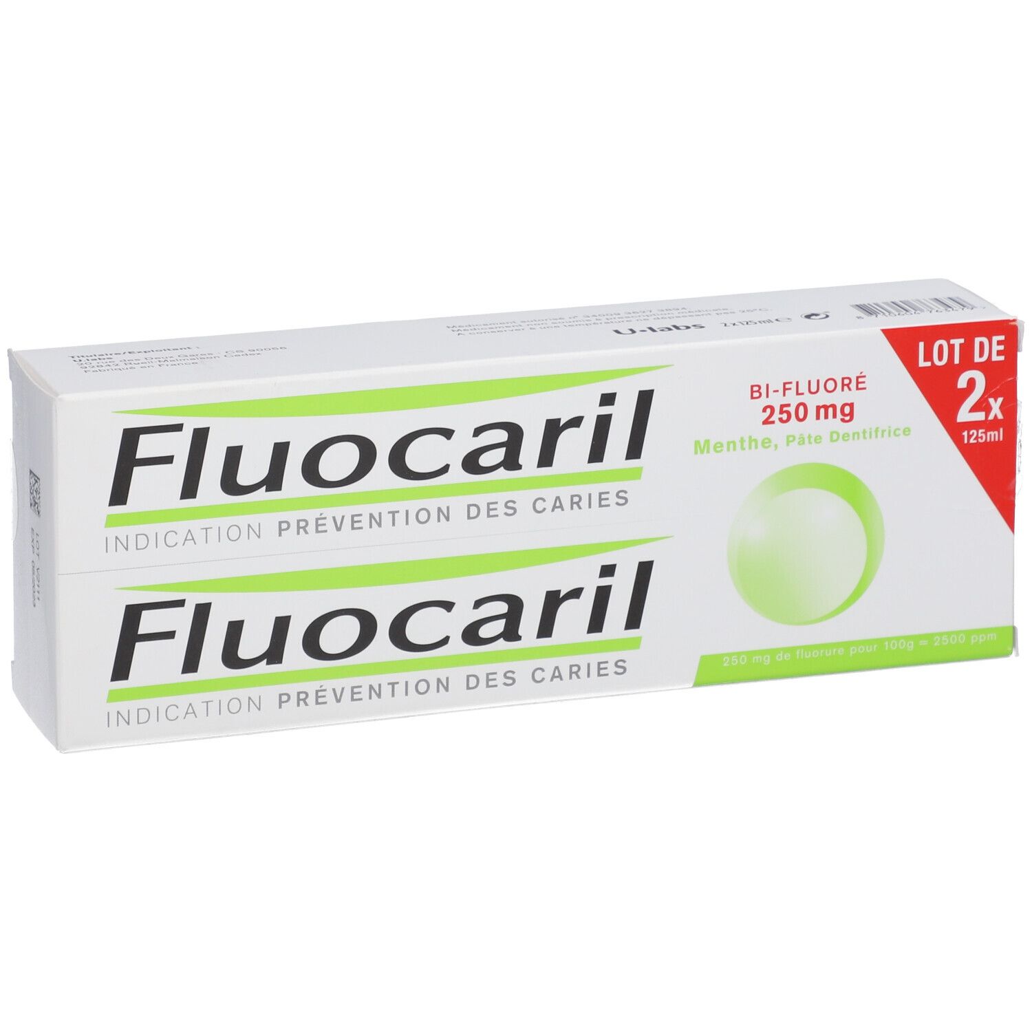 Boîte de Fluocaril BI-Fluoré Menthe 250 mg. Contient deux tubes de dentifrice. Inscription: Indication Prévention des Caries.