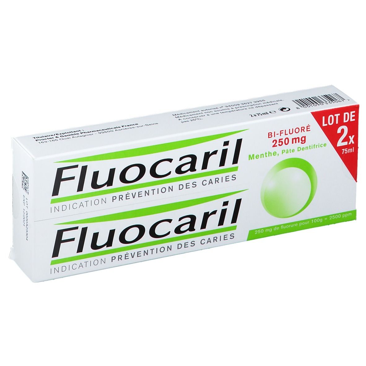 Boîte de dentifrice Fluocaril. Inscription: Bi-Fluoré 250 mg, Menthe, Pâte Dentifrice. Contient deux tubes.