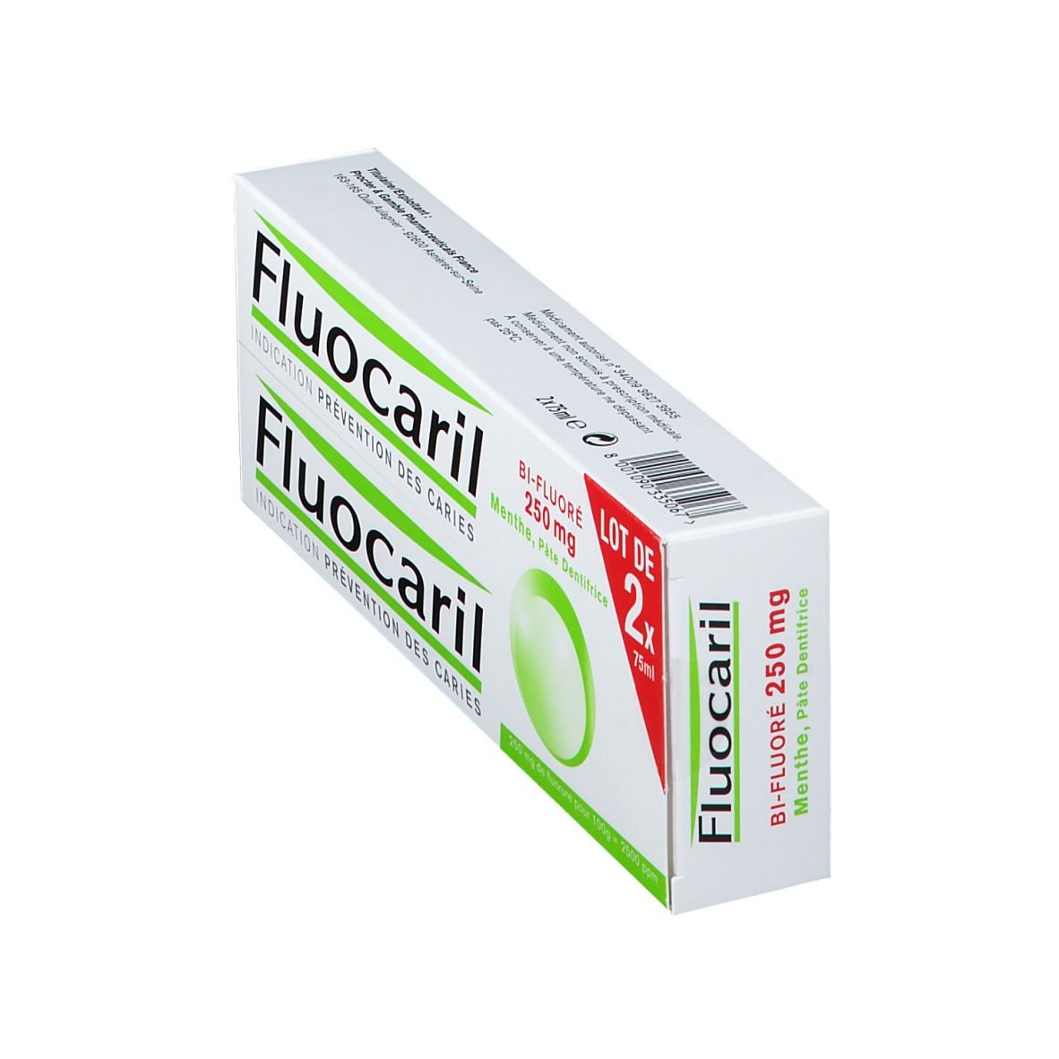 Boîte de dentifrice Fluocaril en biais. Inscription: Bi-Fluoré 250 mg, Menthe, Pâte Dentifrice. Contient deux tubes.