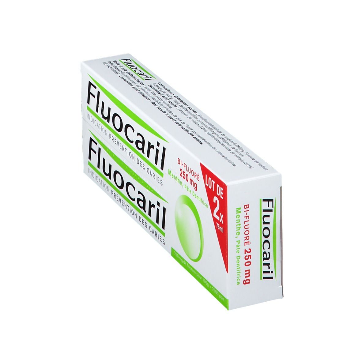 Boîte de dentifrice Fluocaril en biais. Inscription: Bi-Fluoré 250 mg, Menthe, Pâte Dentifrice. Contient deux tubes.