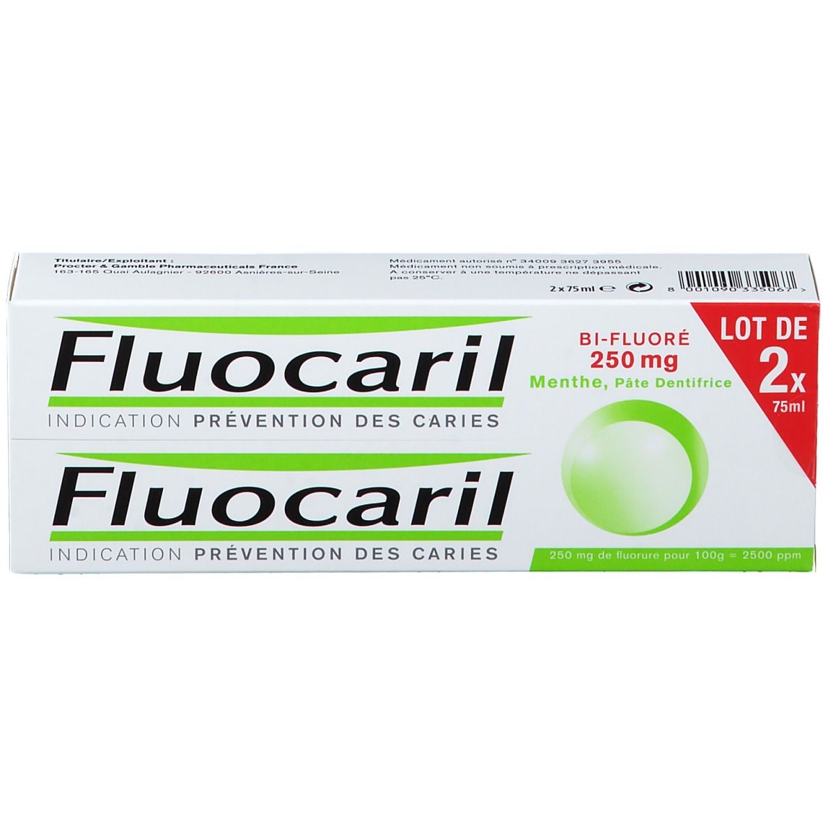 Boîte de dentifrice Fluocaril. Inscription: Bi-Fluoré 250 mg, Menthe, Pâte Dentifrice. Contient deux tubes.