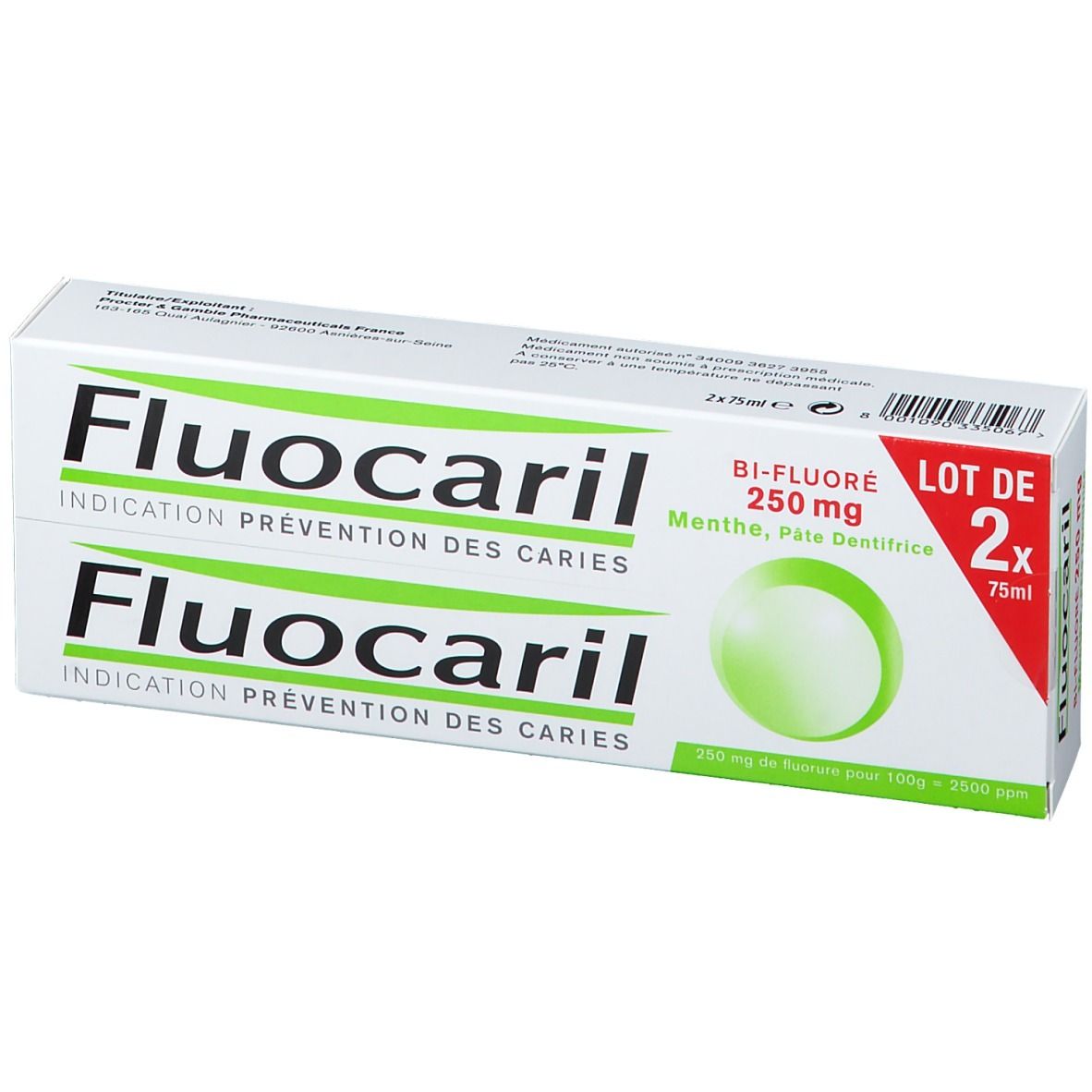 Boîte de dentifrice Fluocaril. Inscription: Bi-Fluoré 250 mg, Menthe, Pâte Dentifrice. Contient deux tubes.