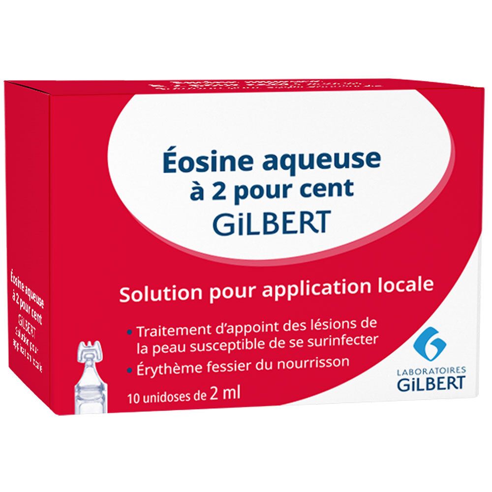Boîte rouge avec texte blanc : Éosine aqueuse à 2 pour cent GILBERT. 10 unidoses de 2 ml. Logo GILBERT.
