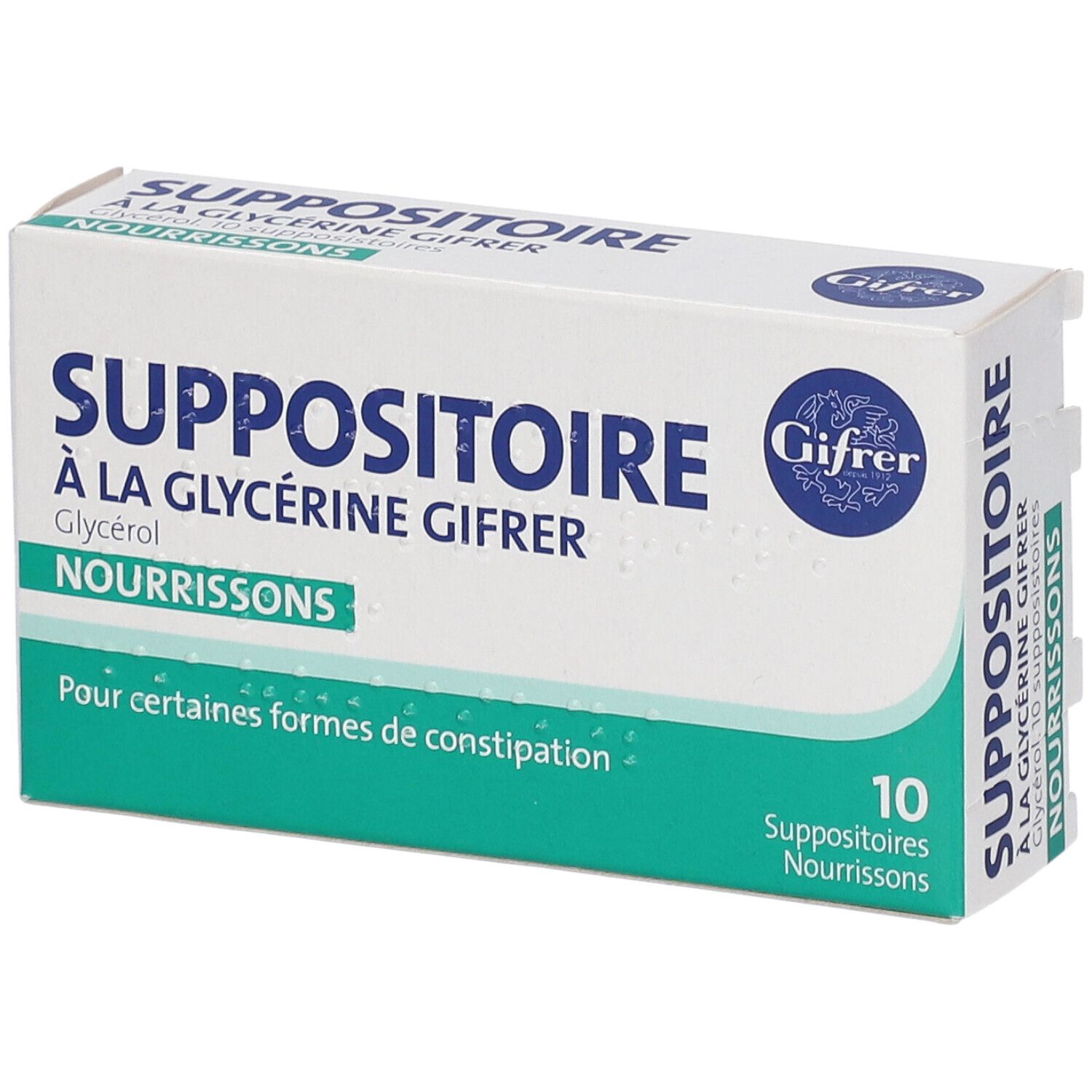 Doosje Gifrer Suppositoires nourrissons. Opschrift: Suppositoire à la Glycérine Gifrer, 10 zetpillen.