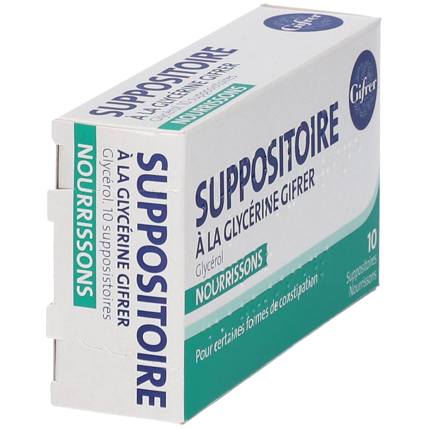 Doosje Gifrer Suppositoires nourrissons. Opschrift: Suppositoire à la Glycérine Gifrer, 10 zetpillen. Schuin zicht.