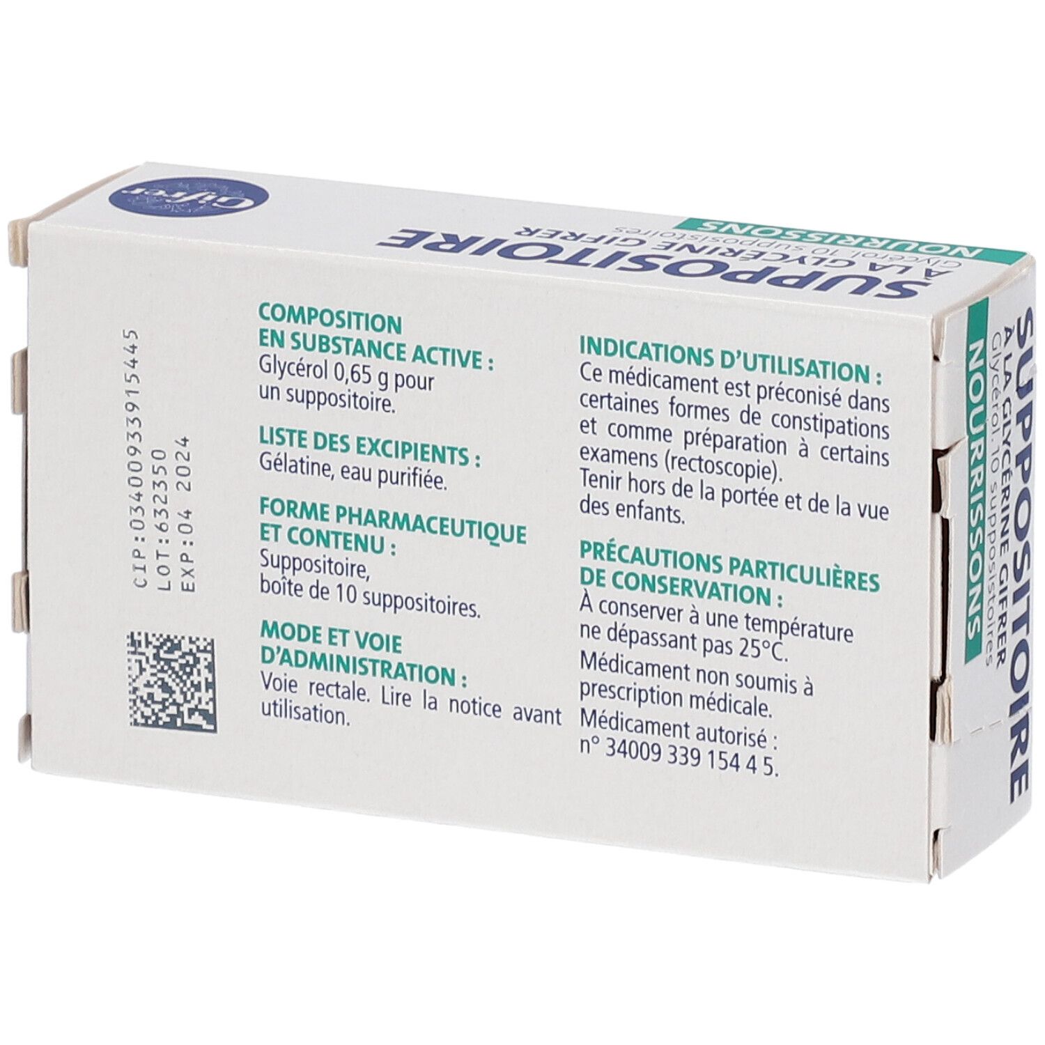 Achterkant van het doosje Gifrer Suppositoires nourrissons. Informatie over ingrediënten, gebruik en bewaring.