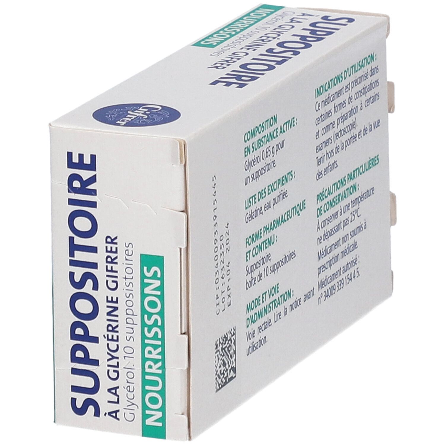 Doosje Gifrer Suppositoires nourrissons. Opschrift: Suppositoire à la Glycérine Gifrer, 10 zetpillen. Achterkant zichtbaar.