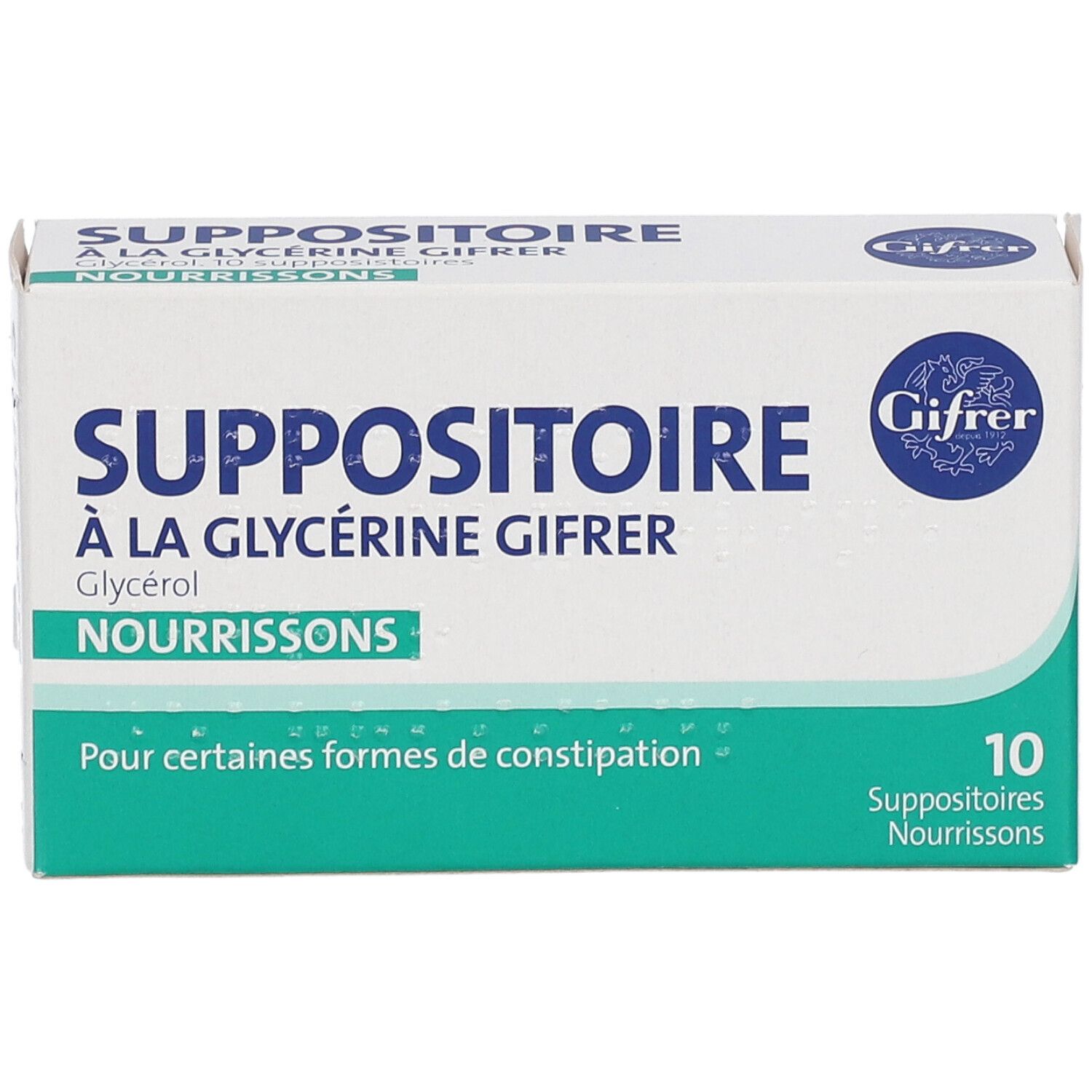 Doosje Gifrer Suppositoires nourrissons. Opschrift: Suppositoire à la Glycérine Gifrer, 10 zetpillen. Vooraanzicht.