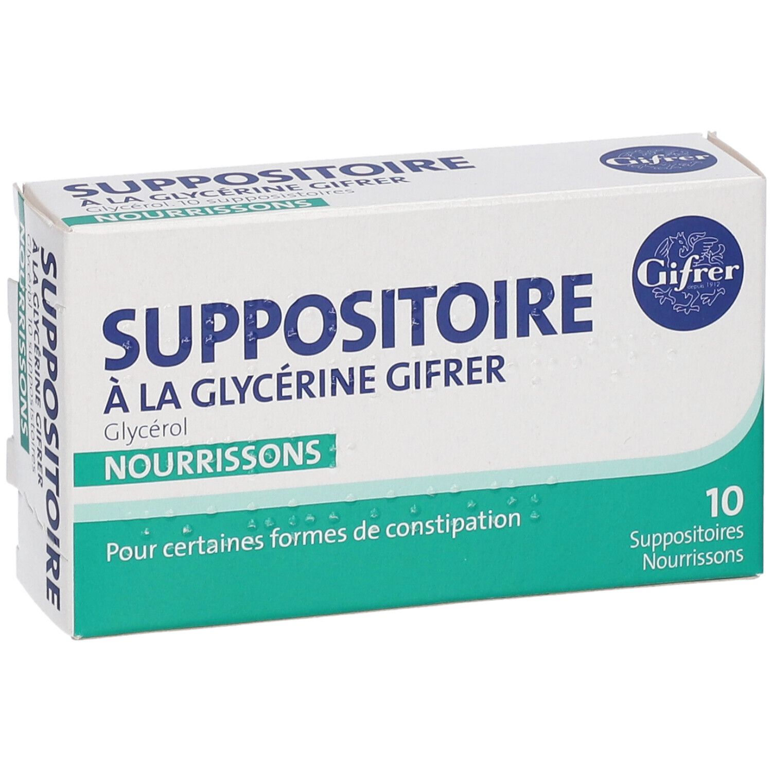 Doosje Gifrer Suppositoires nourrissons. Opschrift: Suppositoire à la Glycérine Gifrer, 10 zetpillen. Vooraanzicht.