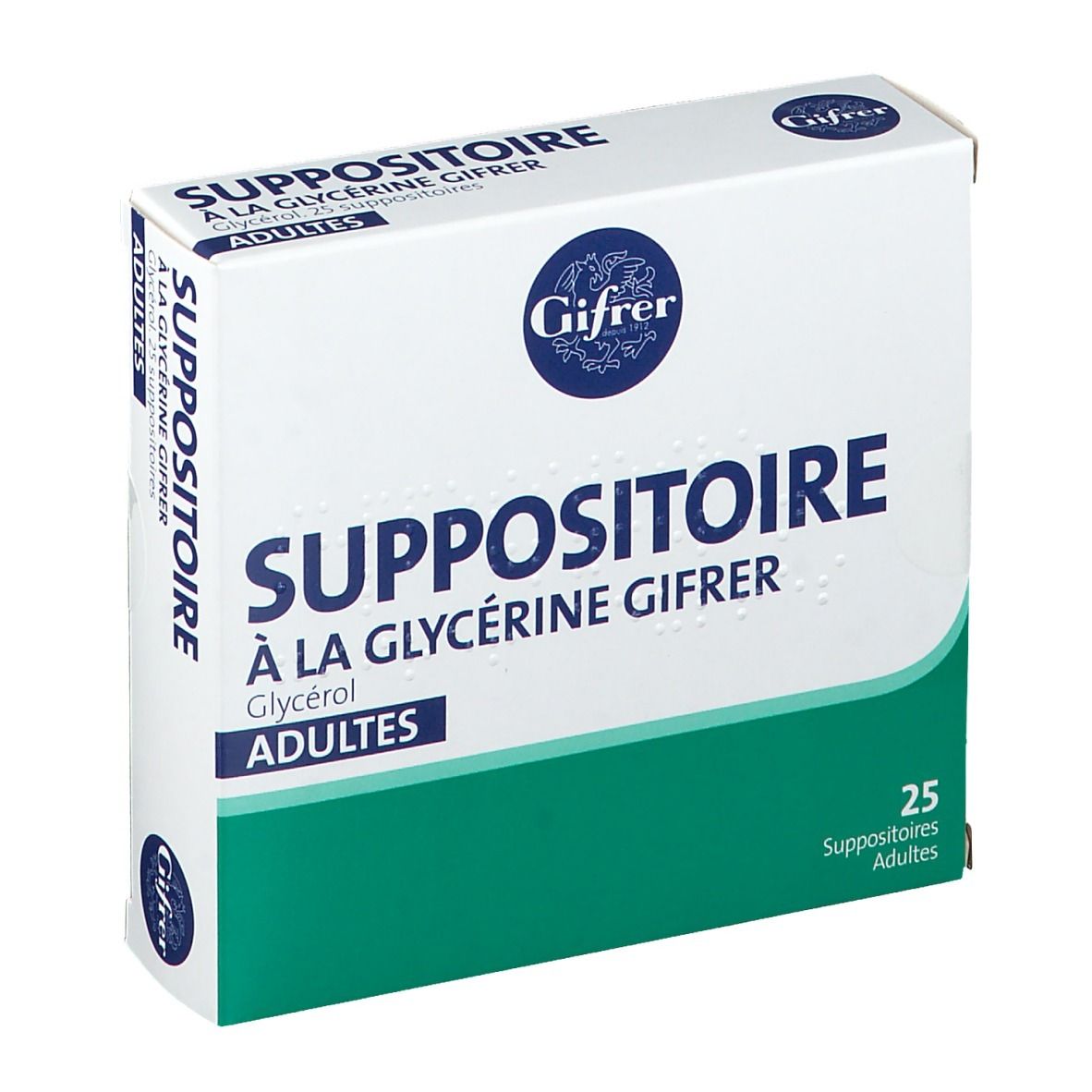 Boîte blanche et verte. Inscription: Suppositoire à la Glycérine Gifrer, 25 Suppositoires adultes.