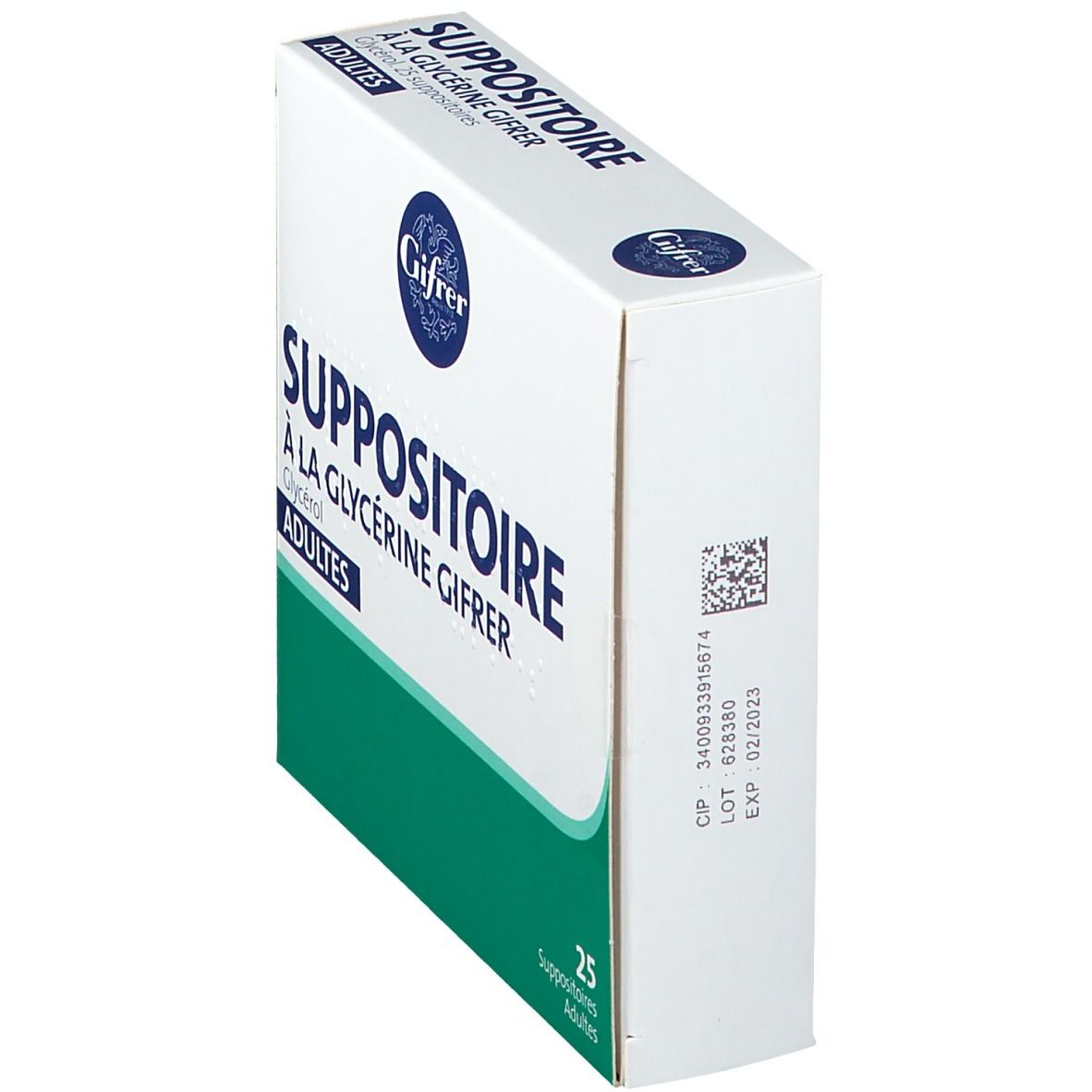 Boîte blanche vue de côté. Inscription: Suppositoire à la Glycérine Gifrer, 25 Suppositoires adultes. Code présent.