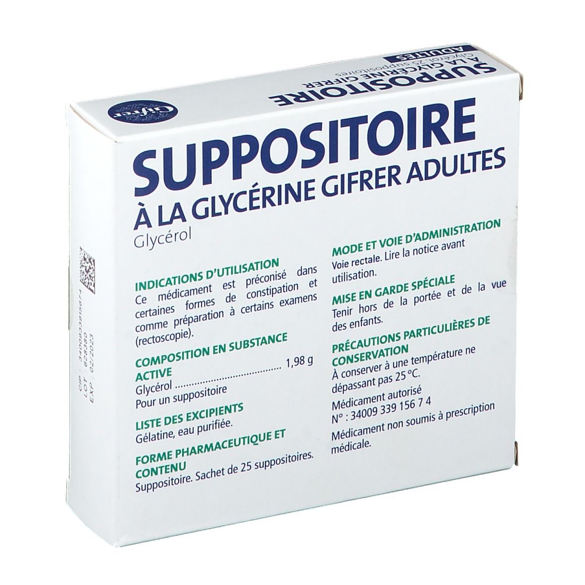 Boîte blanche avec texte. Inscription: Suppositoire à la Glycérine Gifrer, 25 Suppositoires adultes. Ingrédients.