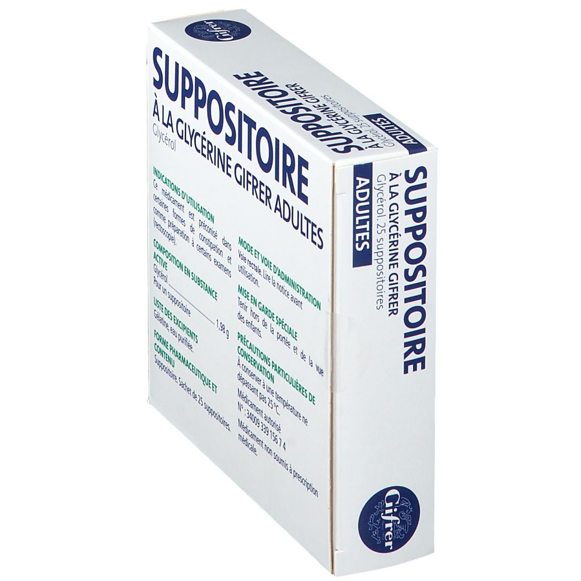 Boîte blanche vue en biais. Inscription: Suppositoire à la Glycérine Gifrer, 25 Suppositoires adultes. Texte.
