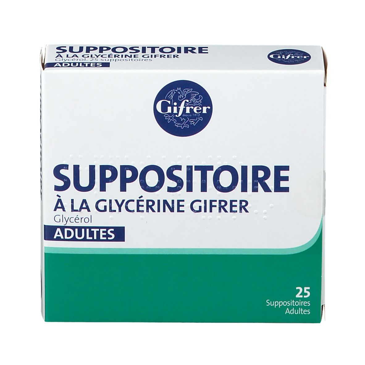 Boîte blanche et verte. Inscription: Suppositoire à la Glycérine Gifrer, 25 Suppositoires adultes.