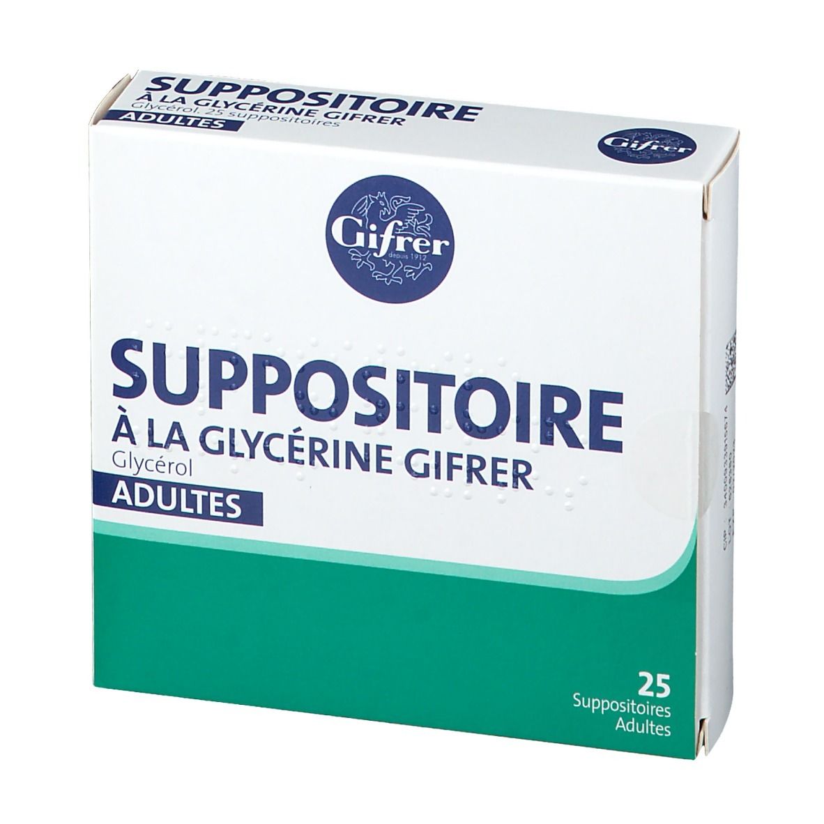Boîte blanche et verte. Inscription: Suppositoire à la Glycérine Gifrer, 25 Suppositoires adultes.