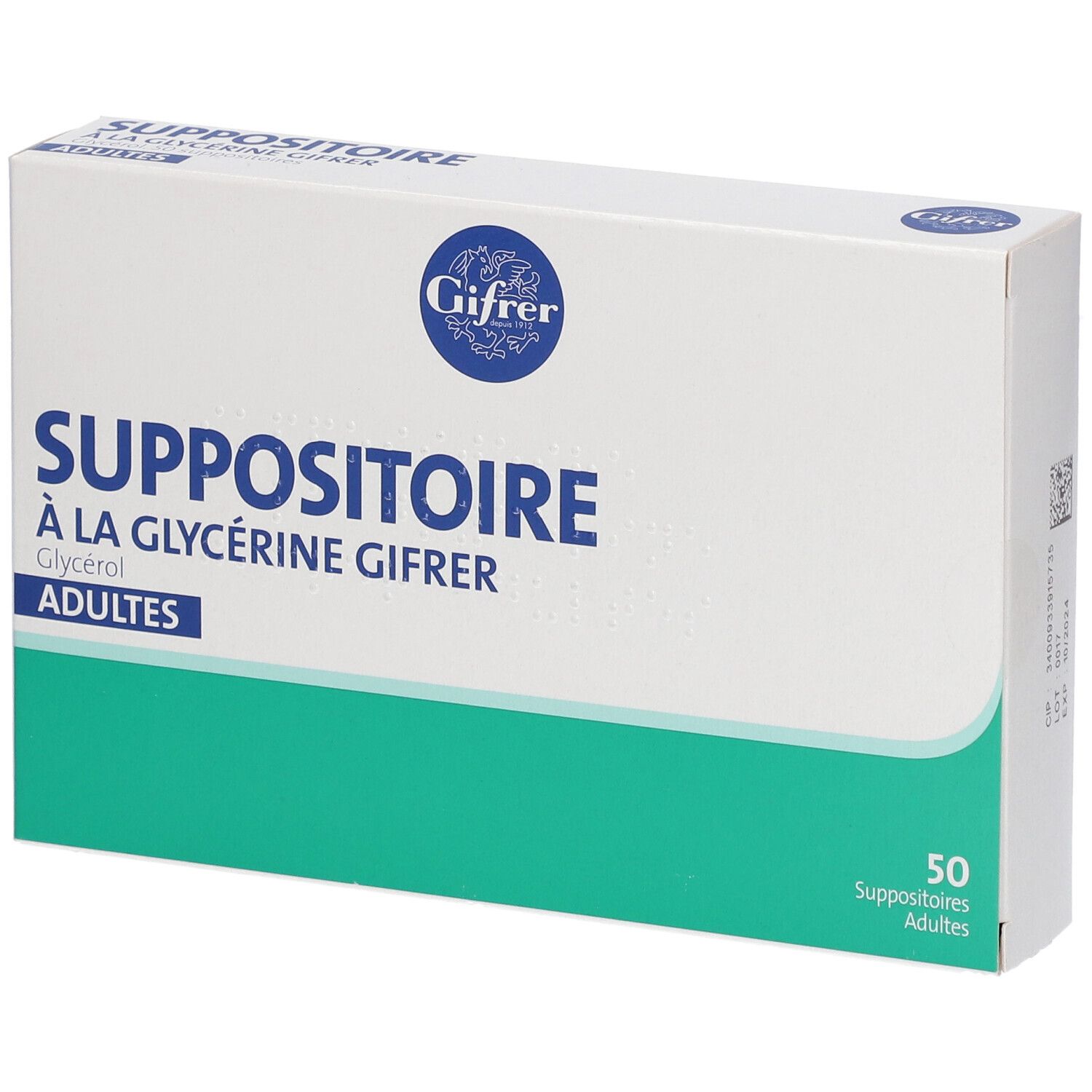 Boîte blanche et verte. Inscription: SUPPOSITOIRE À LA GLYCÉRINE GIFRER ADULTES. Logo Gifrer. Contient 50 suppositoires.