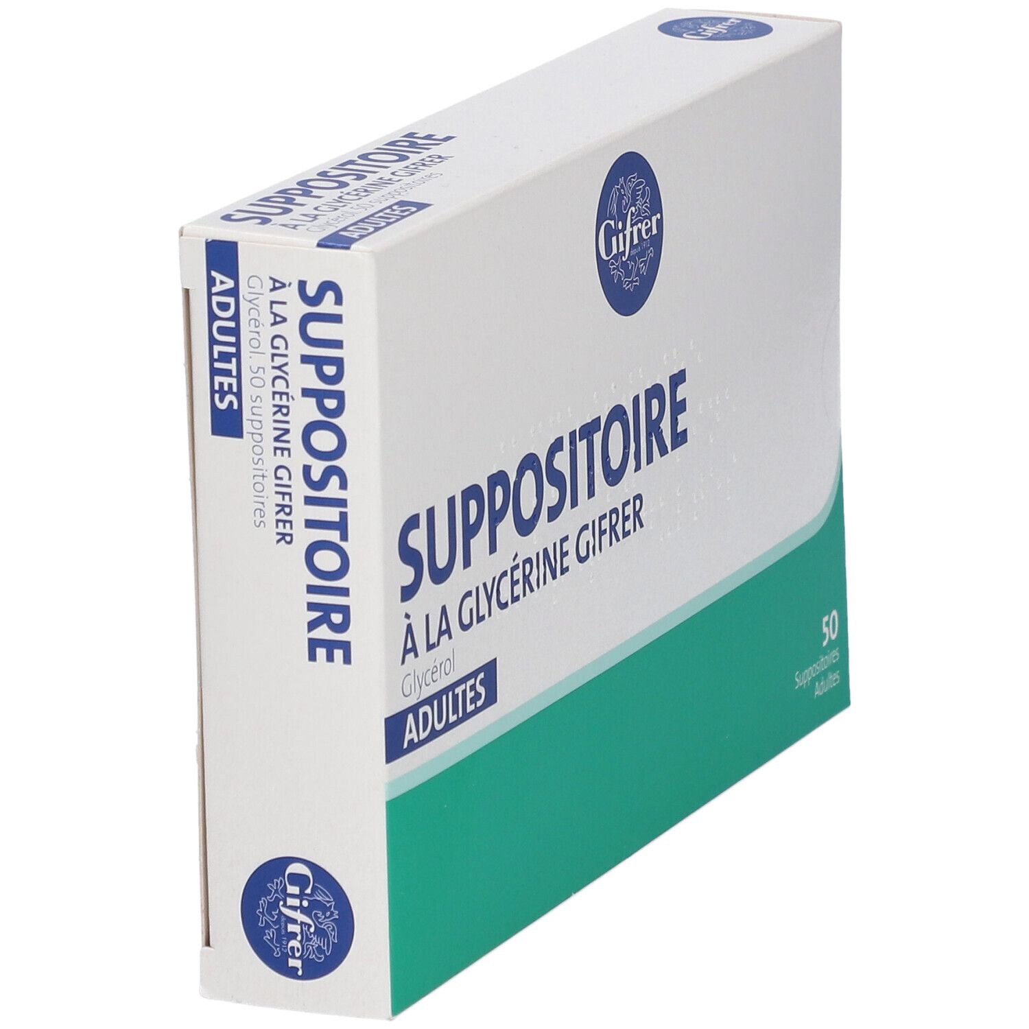 Boîte blanche légèrement inclinée. Inscription: SUPPOSITOIRE À LA GLYCÉRINE GIFRER ADULTES. Logo Gifrer. Contient 50 suppositoires.