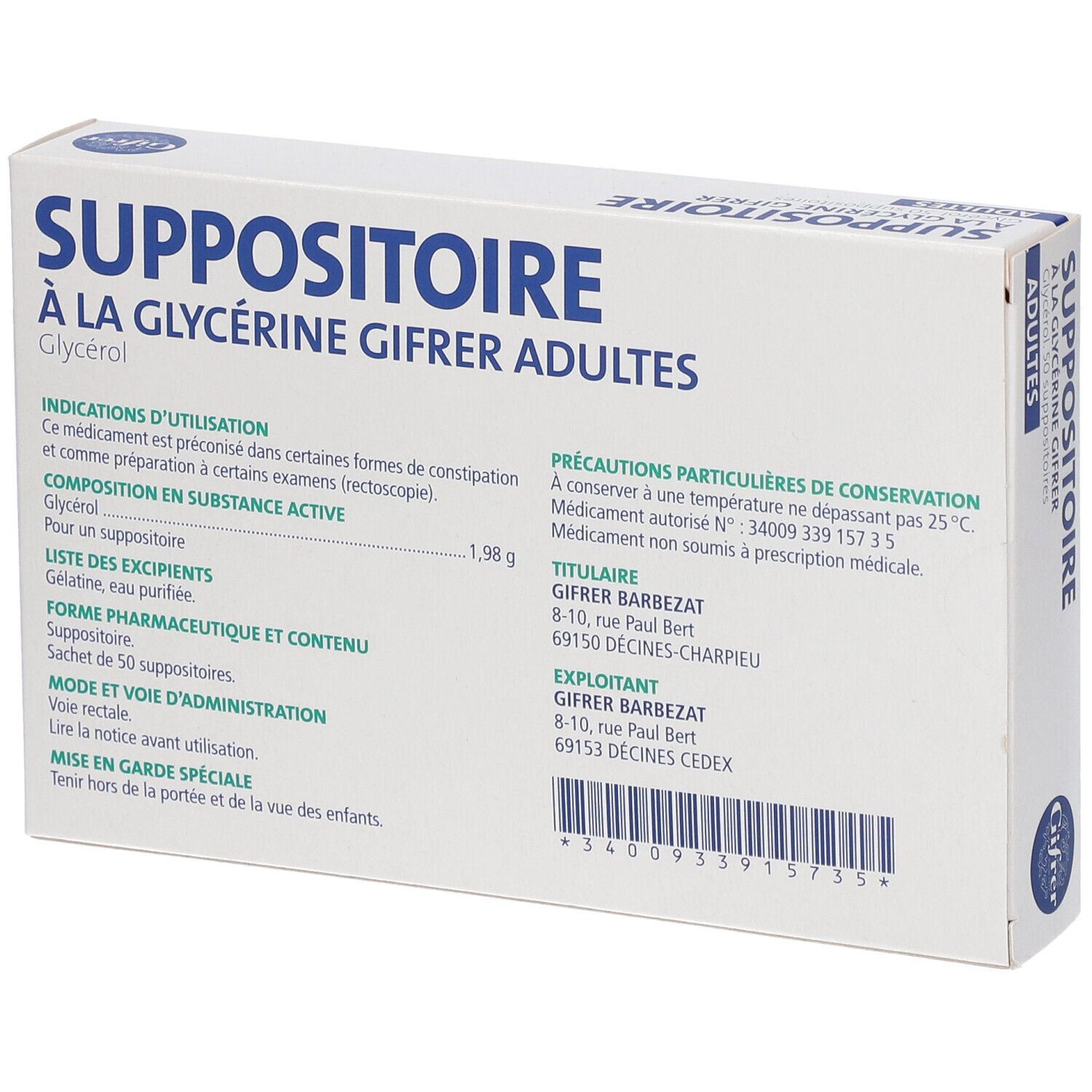 Dos d'une boîte blanche. Texte: SUPPOSITOIRE À LA GLYCÉRINE GIFRER ADULTES. Informations sur les ingrédients et le fabricant.