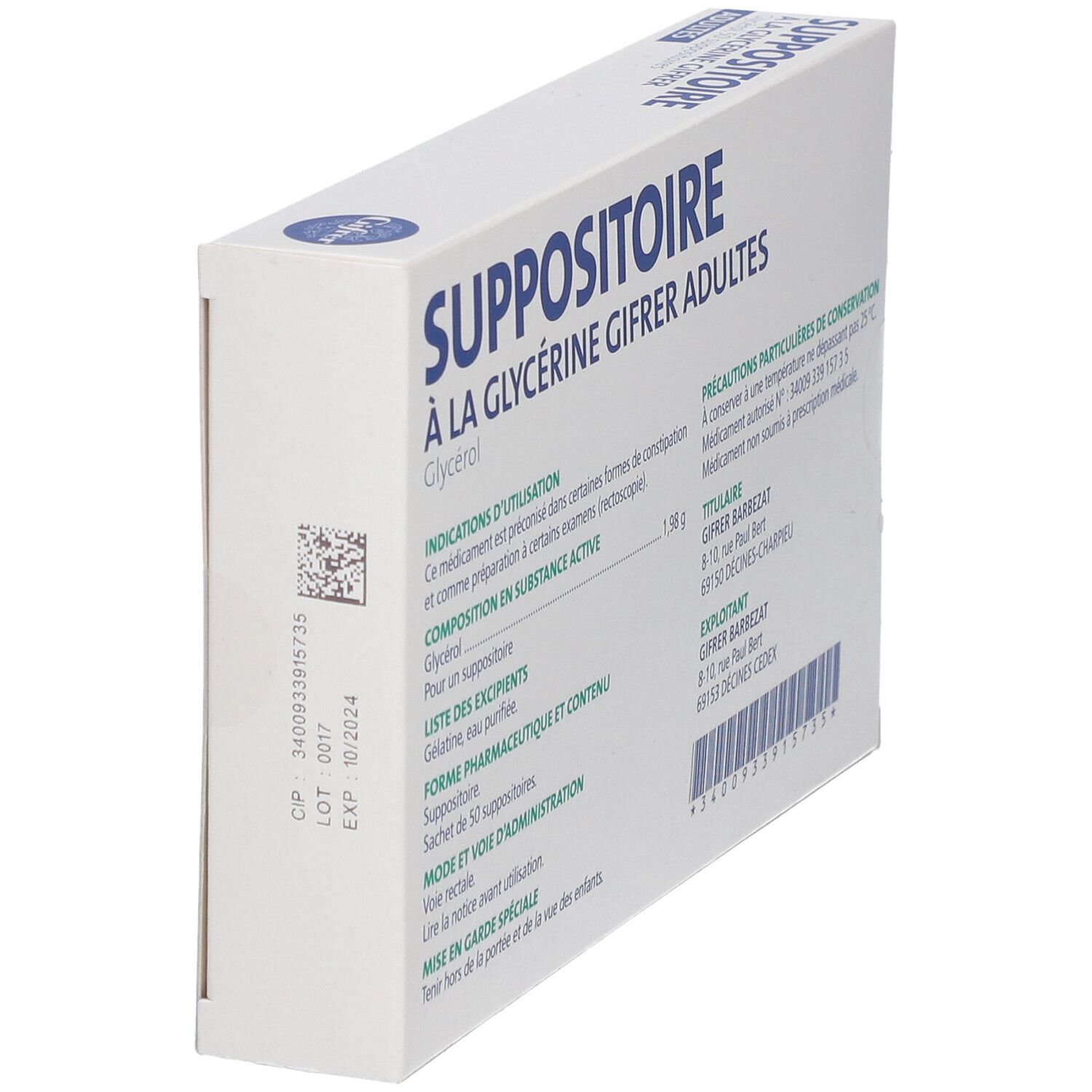 Vue oblique du dos d'une boîte blanche. Texte: SUPPOSITOIRE À LA GLYCÉRINE GIFRER ADULTES. Informations sur le fabricant.
