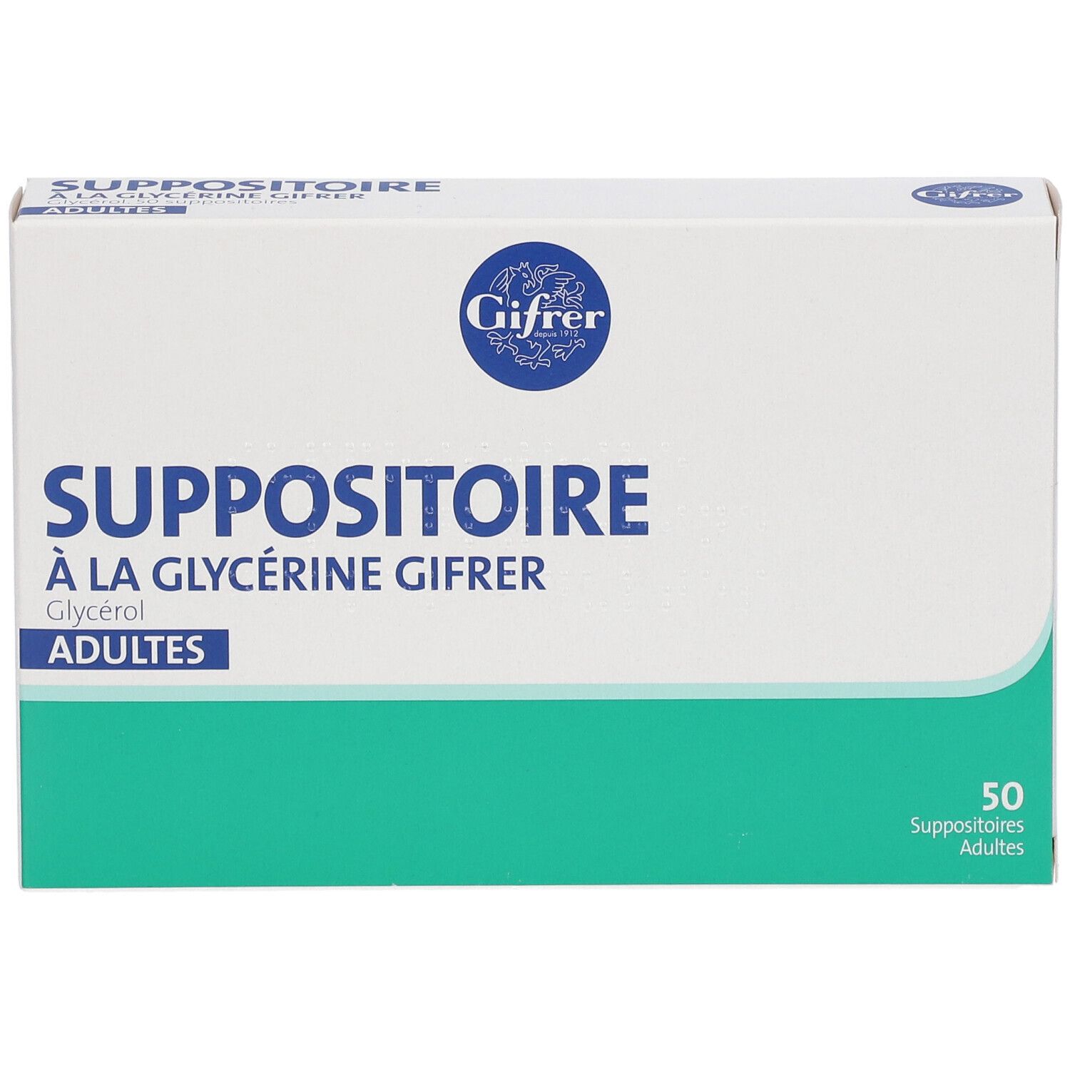 Boîte blanche et verte. Inscription: SUPPOSITOIRE À LA GLYCÉRINE GIFRER ADULTES. Logo Gifrer. Contient 50 suppositoires.