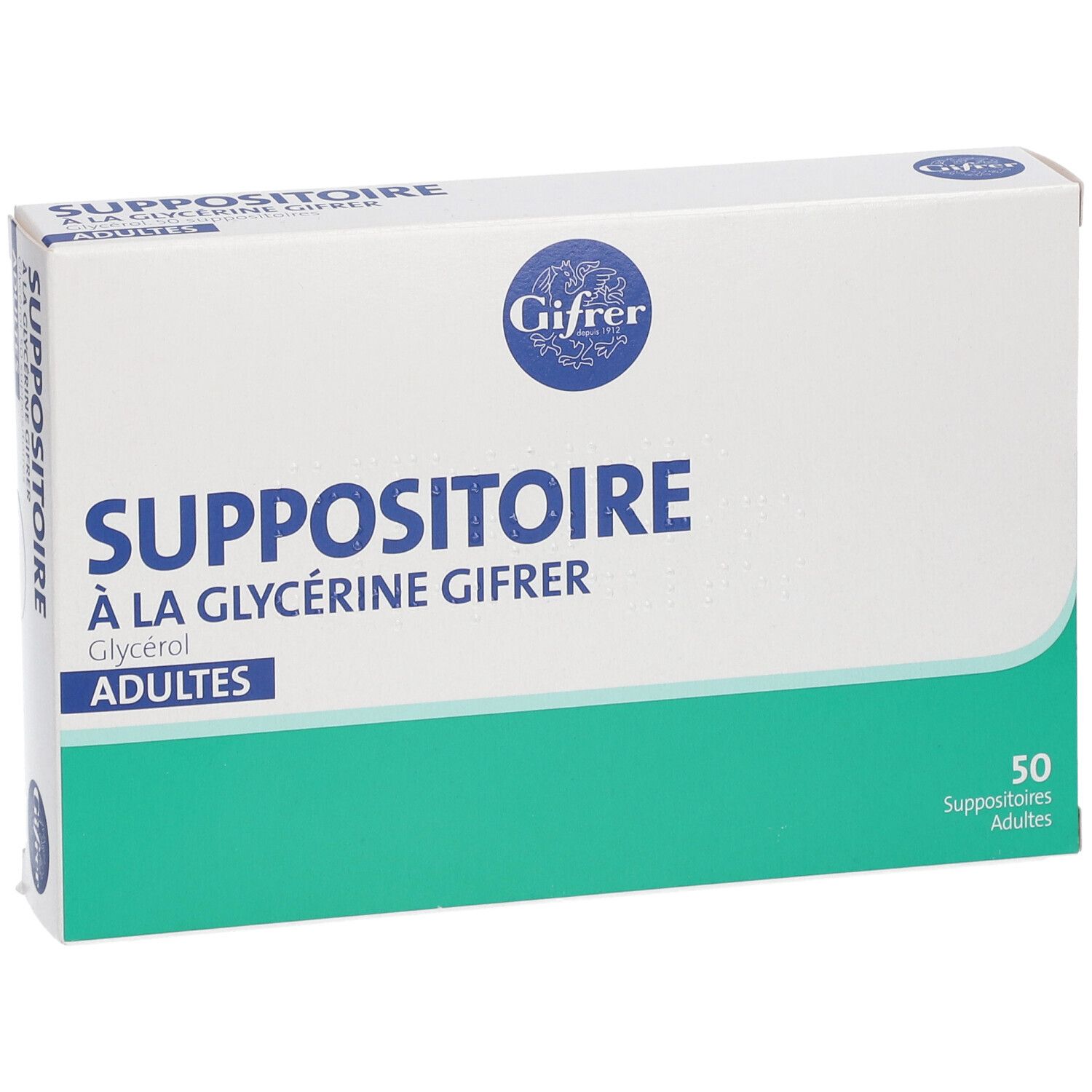 Boîte blanche et verte. Inscription: SUPPOSITOIRE À LA GLYCÉRINE GIFRER ADULTES. Logo Gifrer. Contient 50 suppositoires.