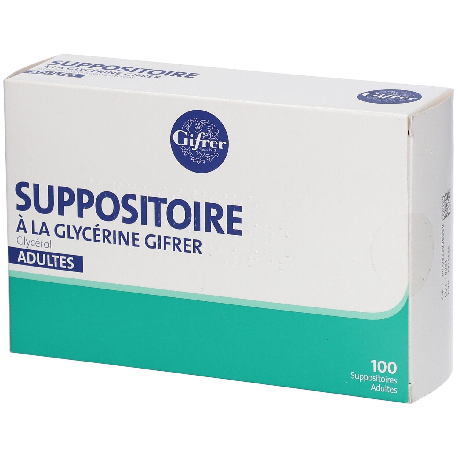 Boîte de suppositoires. Inscription: Suppositoire à la Glycérine Gifrer Adultes. Contient 100 unités.