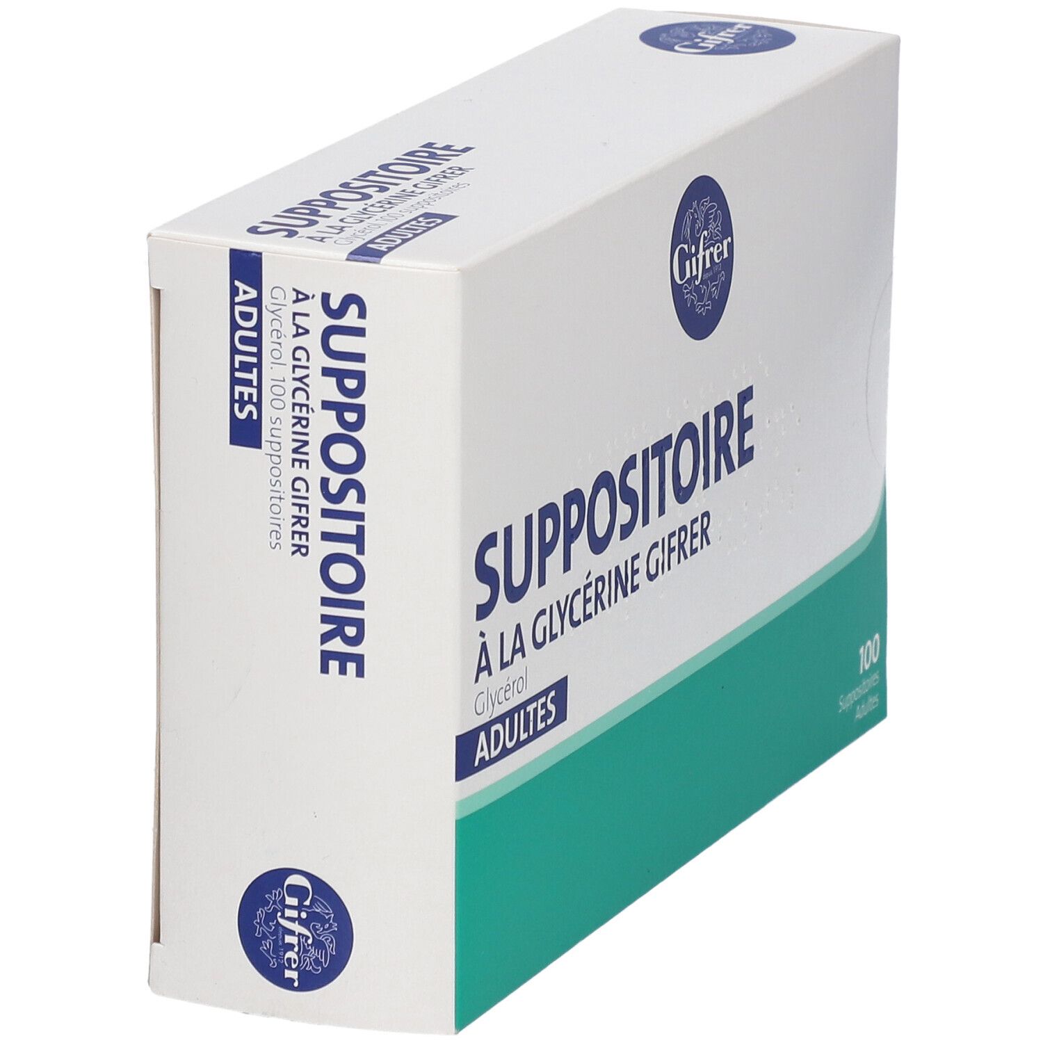 Boîte de suppositoires en biais. Inscription: Suppositoire à la Glycérine Gifrer Adultes. 100 unités.