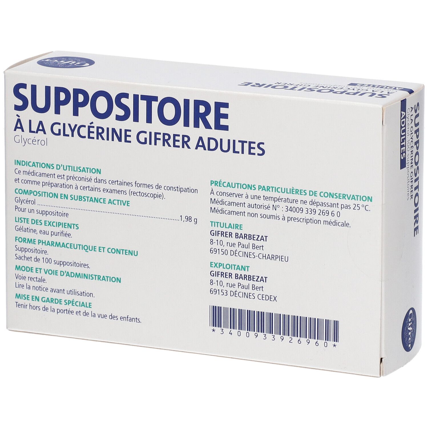 Boîte de suppositoires, dos. Texte: Suppositoire à la Glycérine Gifrer Adultes. Ingrédients et fabricant.