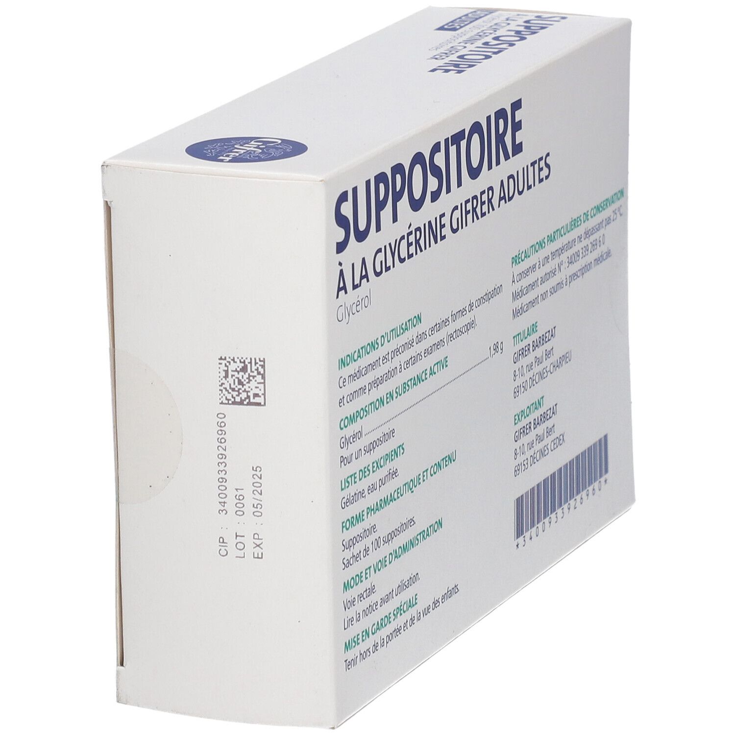 Boîte de suppositoires en biais, dos. Texte: Suppositoire à la Glycérine Gifrer Adultes. Détails.