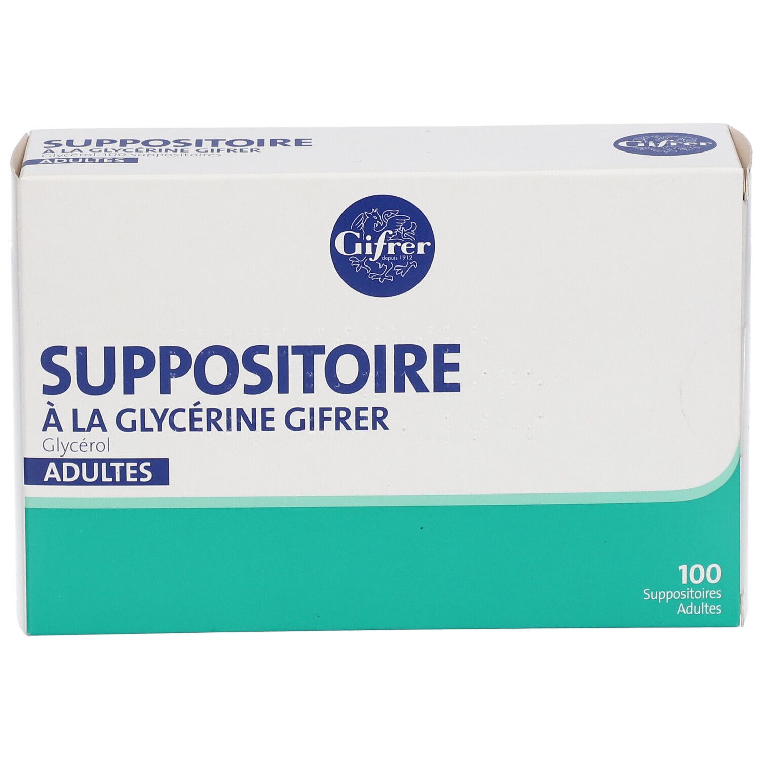 Boîte de suppositoires. Inscription: Suppositoire à la Glycérine Gifrer Adultes. Contient 100 unités.