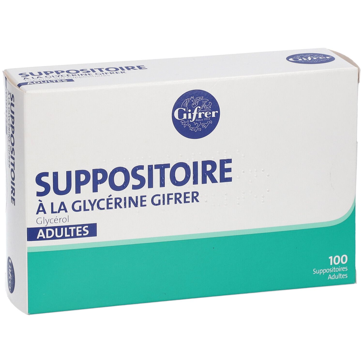 Boîte de suppositoires. Inscription: Suppositoire à la Glycérine Gifrer Adultes. Contient 100 unités.