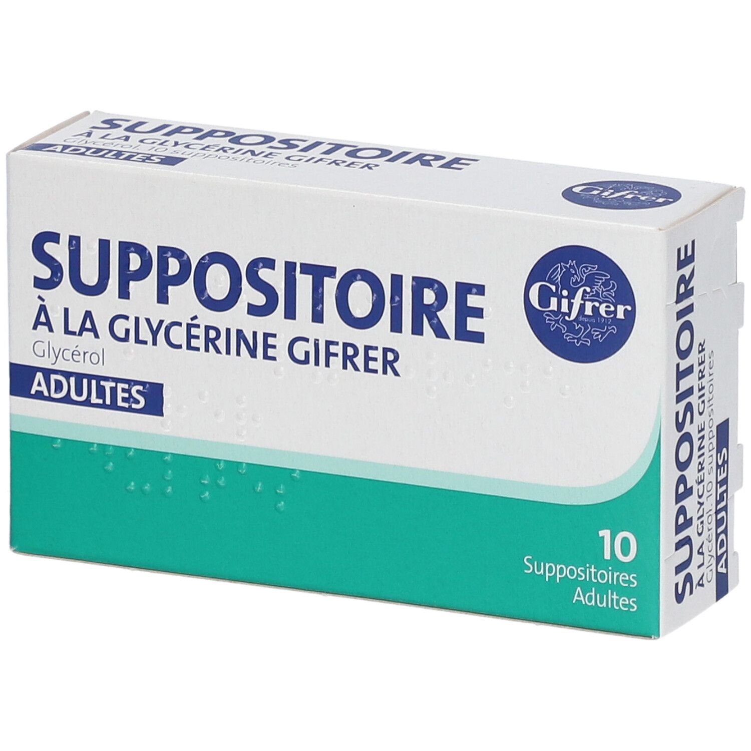 Doosje met zetpillen. Opschrift: Suppositoire à la Glycérine Gifrer, Adultes. Bevat 10 stuks.